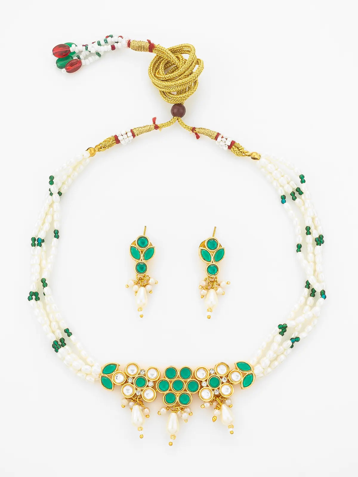 Aadita Gold Plated Multi Strand Pearl Bead Choker with Green Kundan Pendant