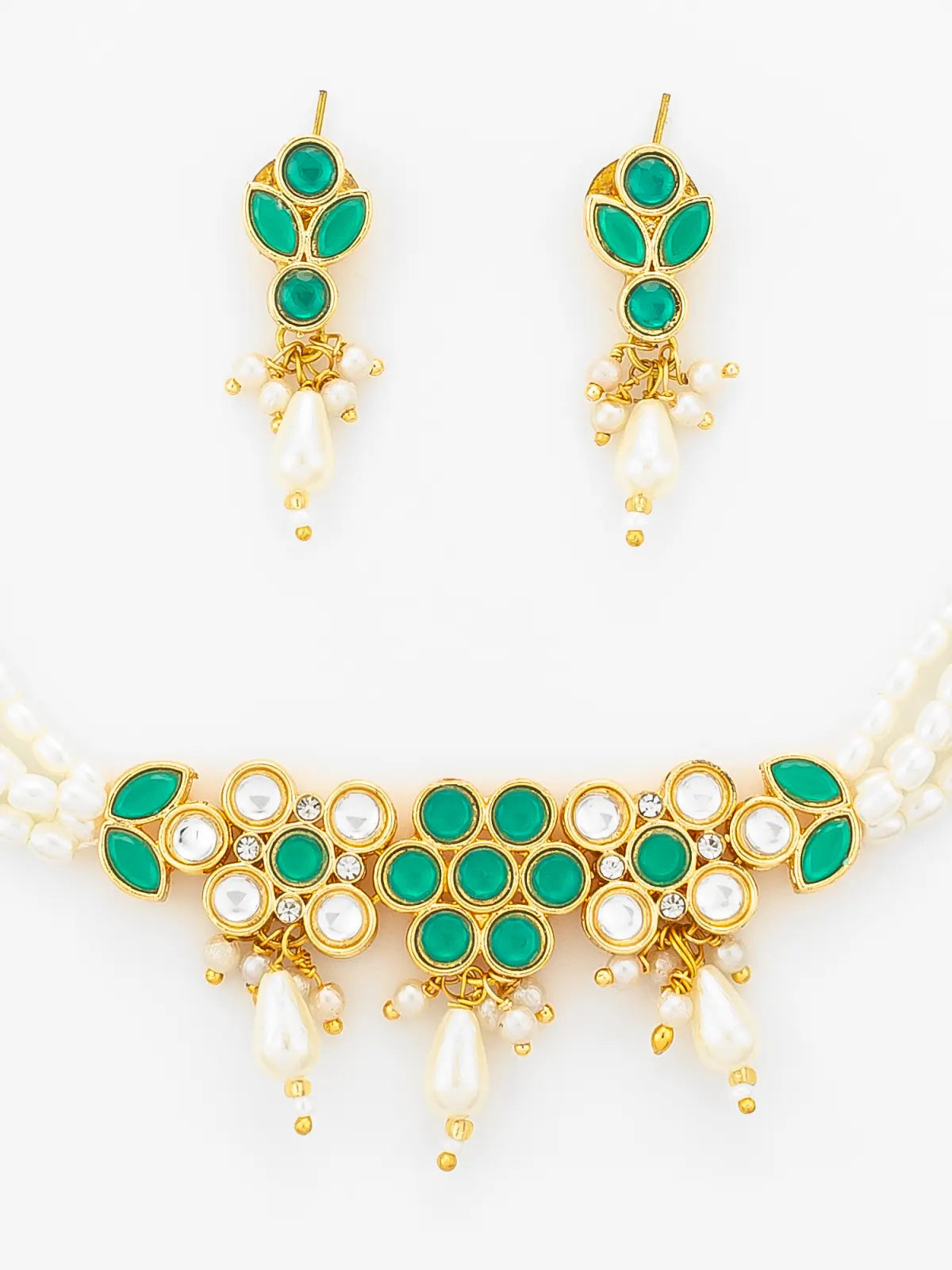 Aadita Gold Plated Multi Strand Pearl Bead Choker with Green Kundan Pendant