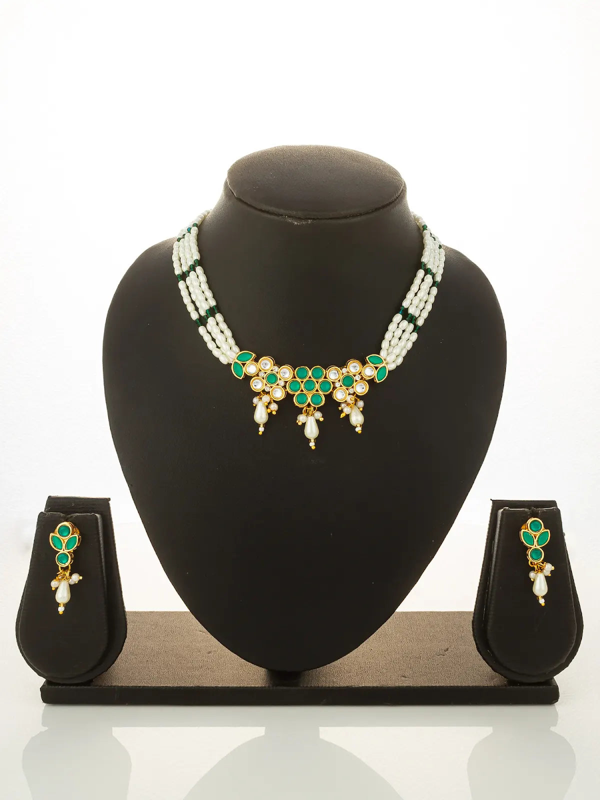 Aadita Gold Plated Multi Strand Pearl Bead Choker with Green Kundan Pendant