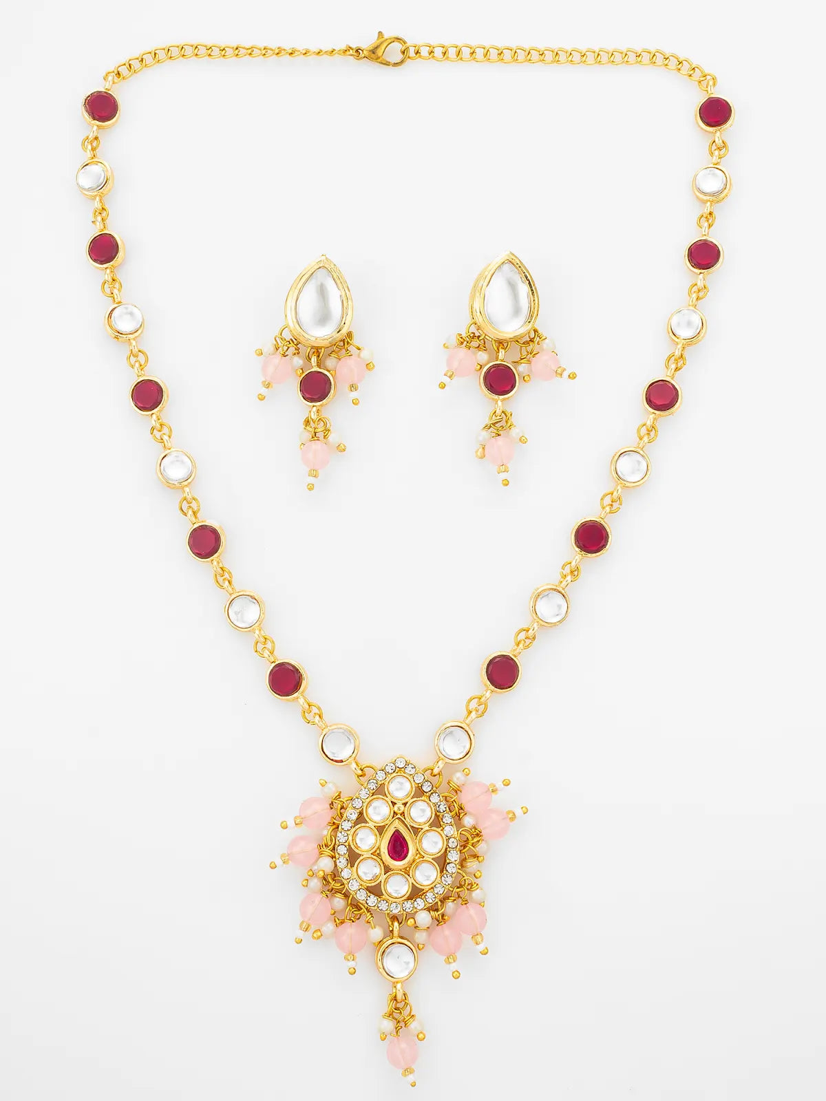 Aadita Ruby Red and Pink Bead Gold Plated Kundan Pendant Necklace Set