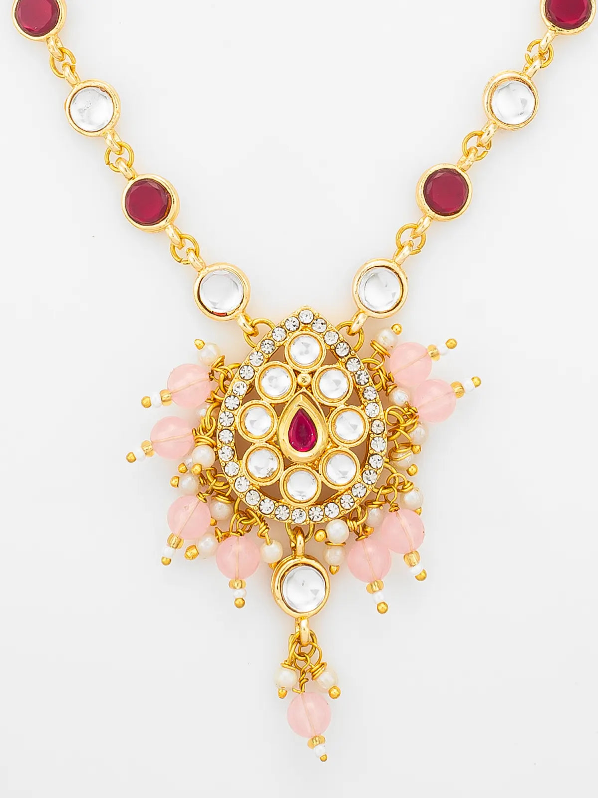 Aadita Ruby Red and Pink Bead Gold Plated Kundan Pendant Necklace Set