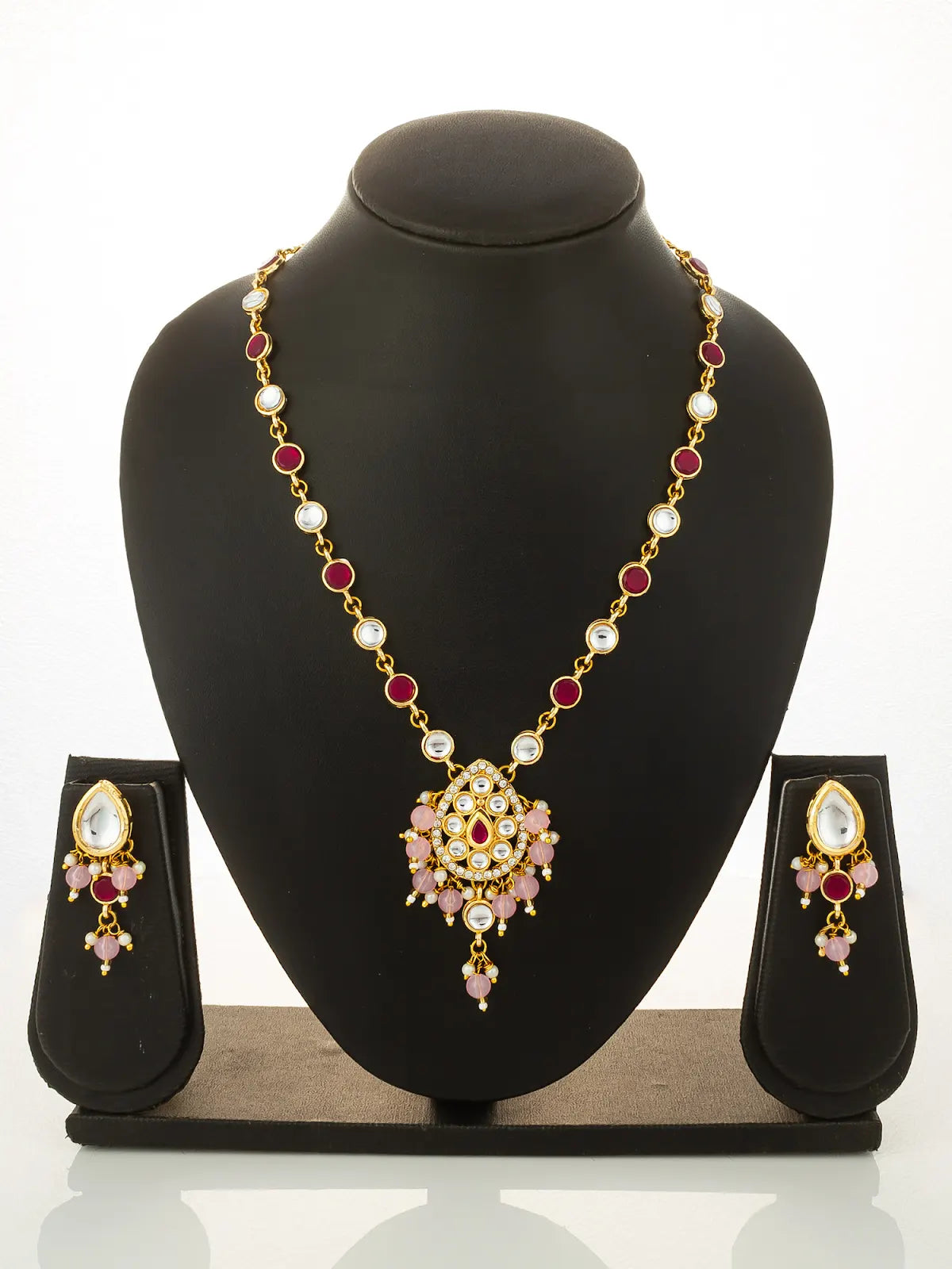 Aadita Ruby Red and Pink Bead Gold Plated Kundan Pendant Necklace Set