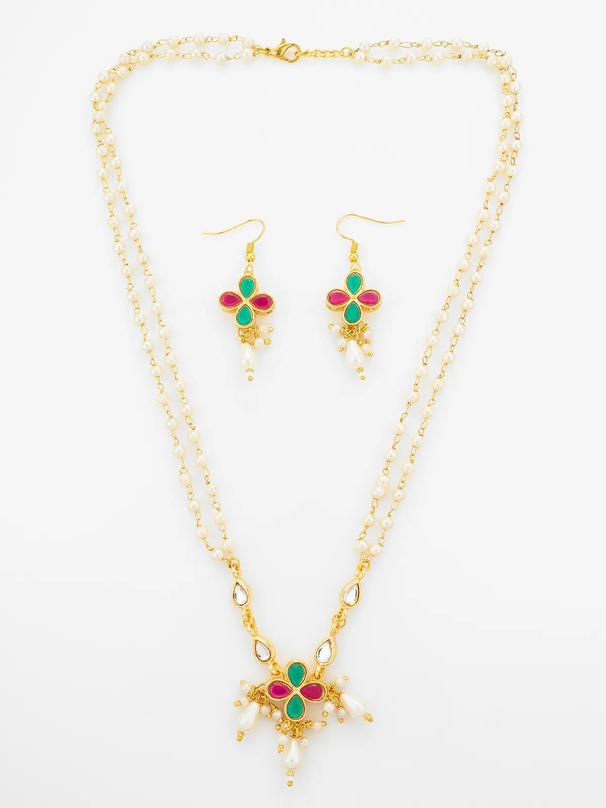 Aadita Double Strand Pearl Gold Plated Necklace with Floral Kundan Pendant