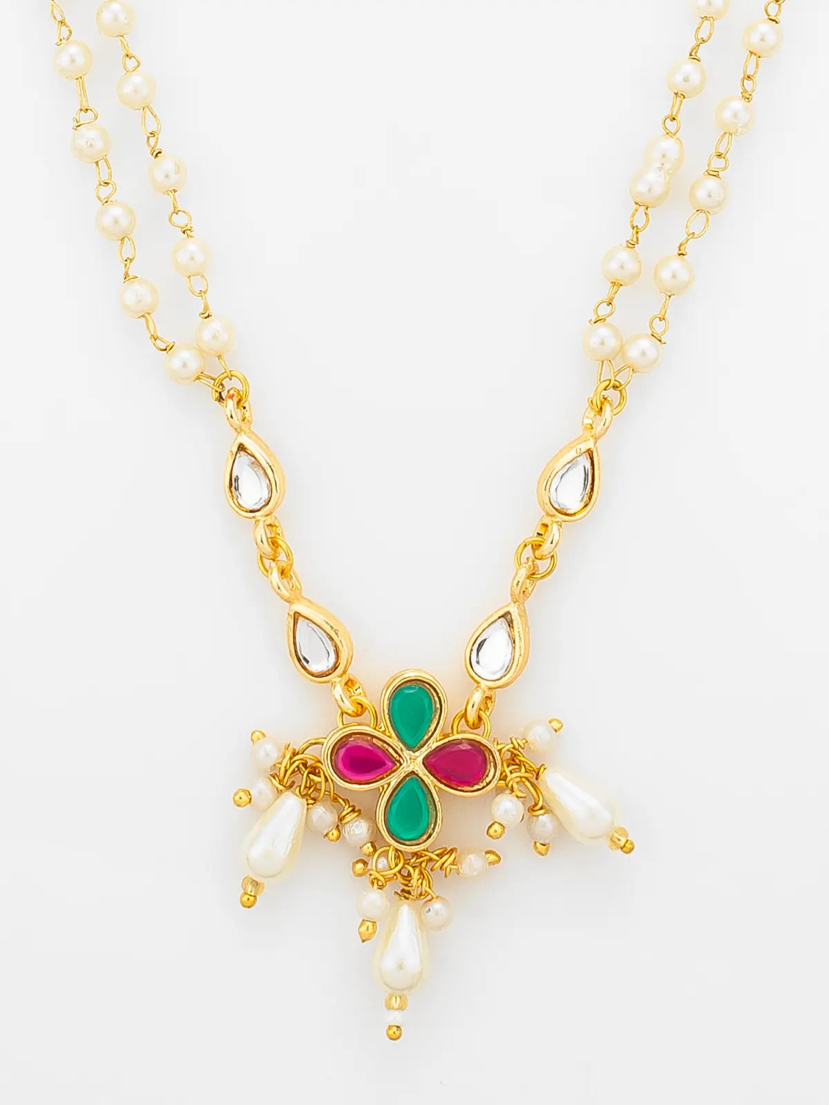 Aadita Double Strand Pearl Gold Plated Necklace with Floral Kundan Pendant