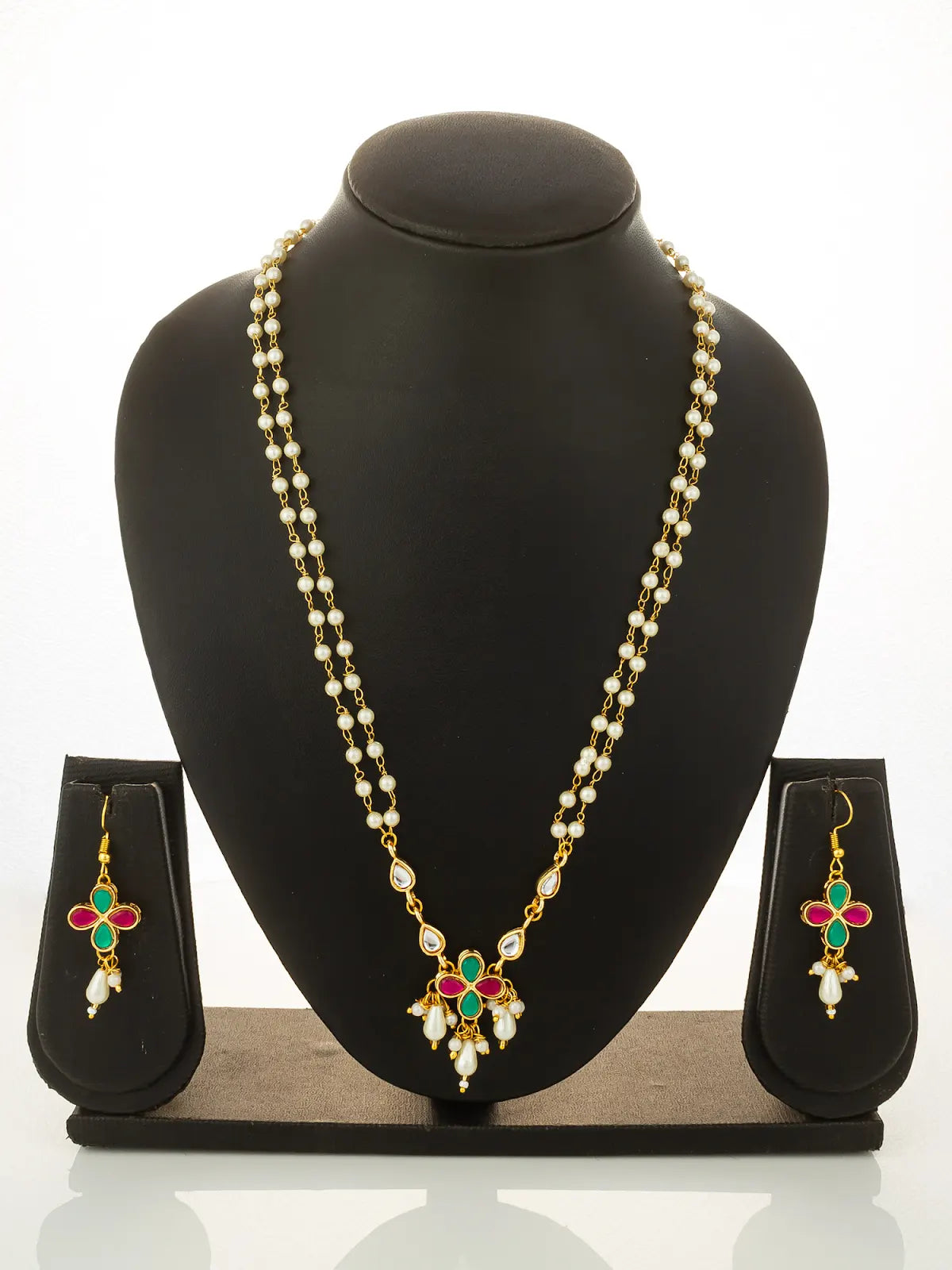 Aadita Double Strand Pearl Gold Plated Necklace with Floral Kundan Pendant