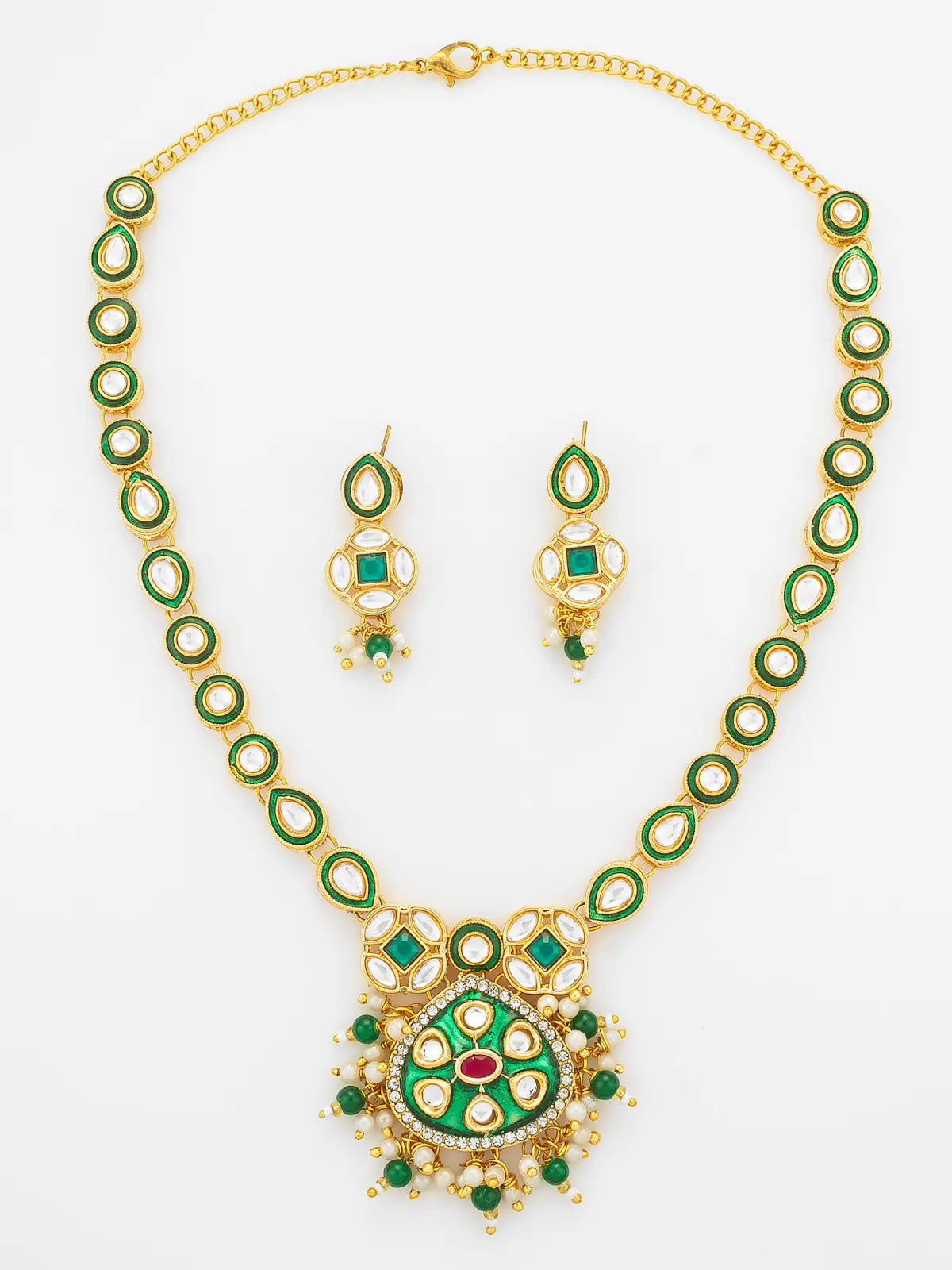 Aadita Green Enamel Meenakari and Kundan Gold Plated Necklace Set