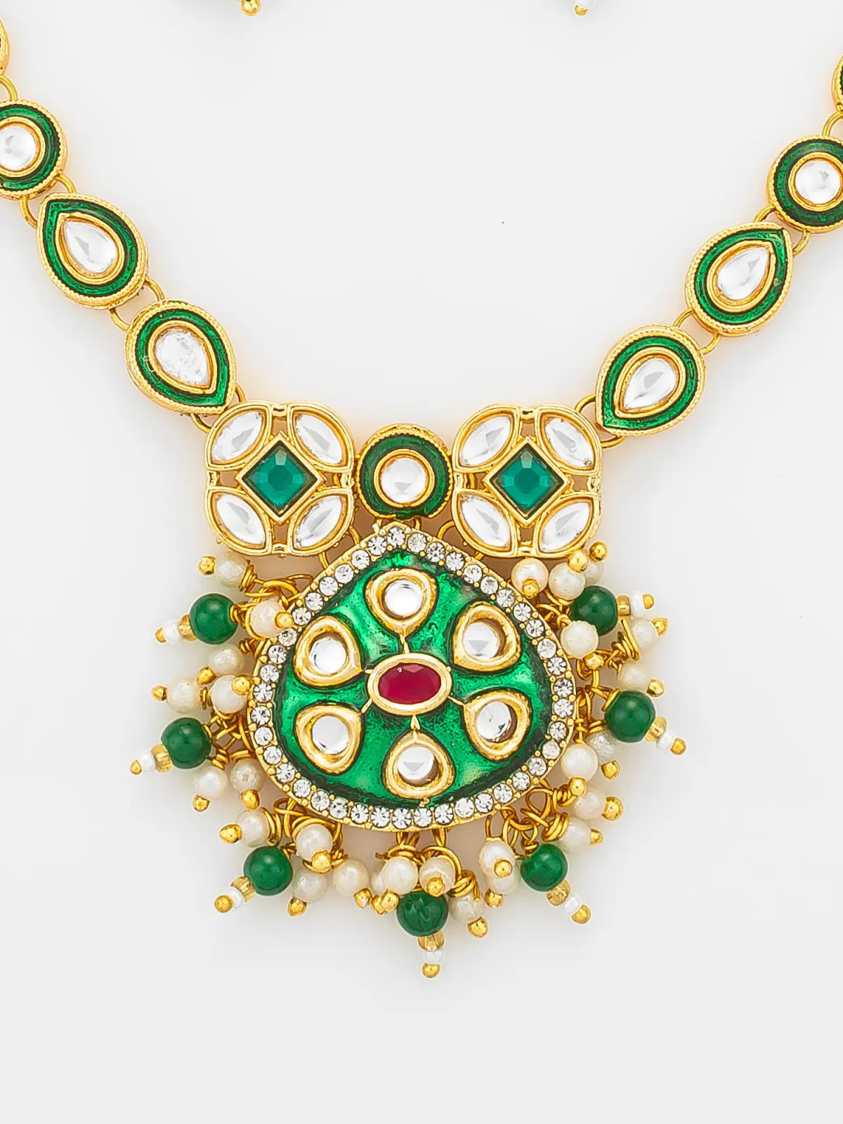 Aadita Green Enamel Meenakari and Kundan Gold Plated Necklace Set