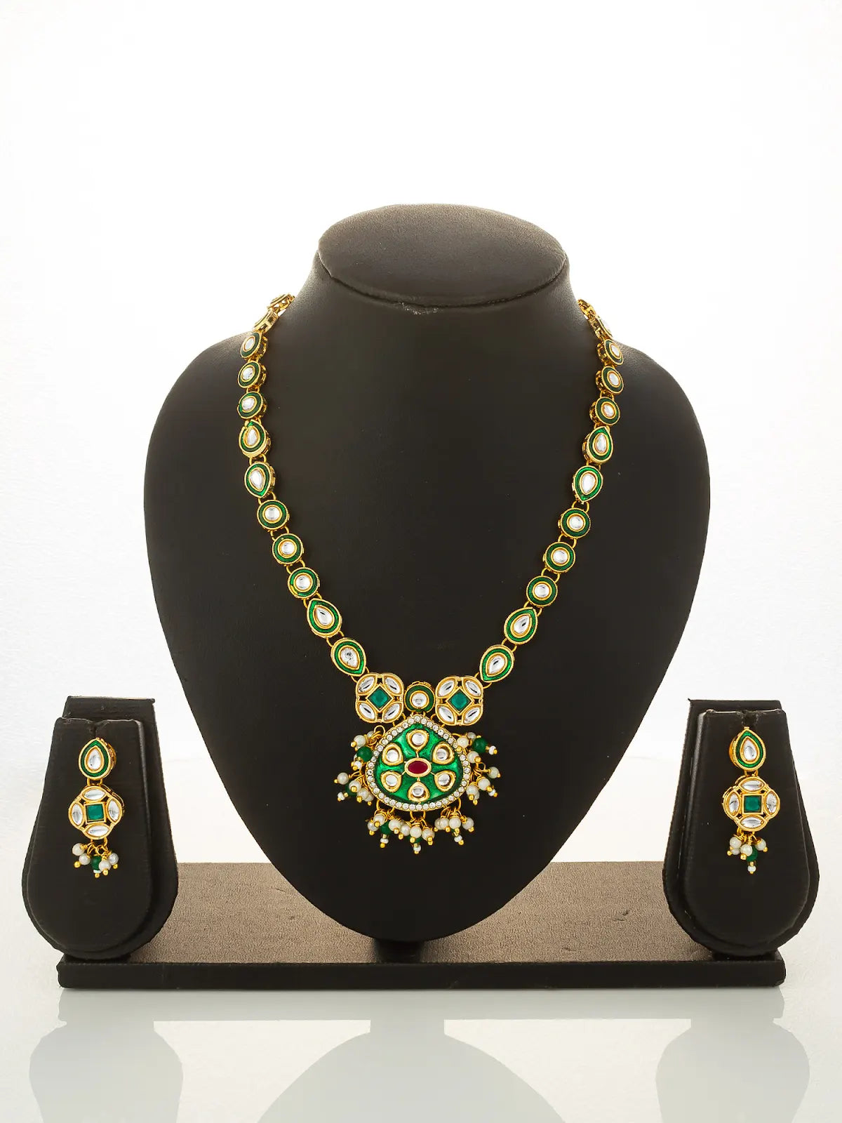 Aadita Green Enamel Meenakari and Kundan Gold Plated Necklace Set