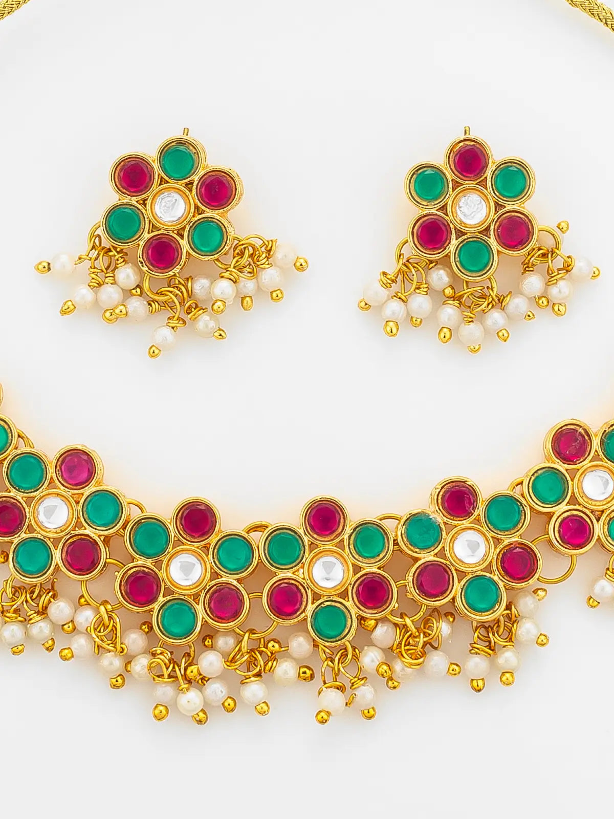 Aadita Multi-Color Kundan Gold Plated Choker Necklace with Pearl Hangings