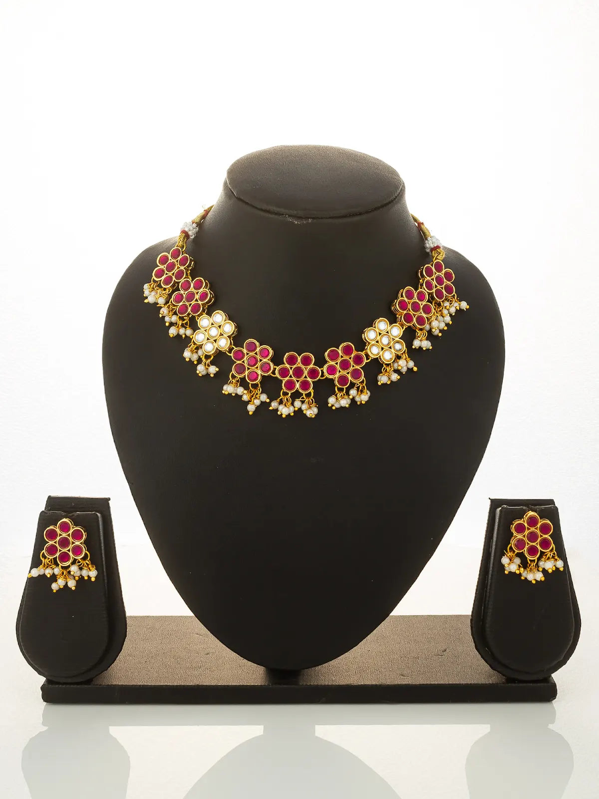 Aadita Gold Plated Pink Floral Kundan Necklace Set with Pearl Drops