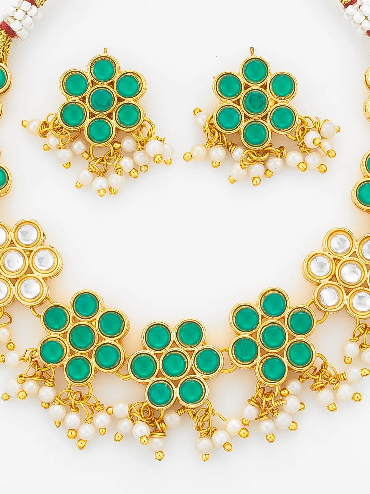Aadita Gold Plated Green Floral Kundan Necklace Set with Pearls