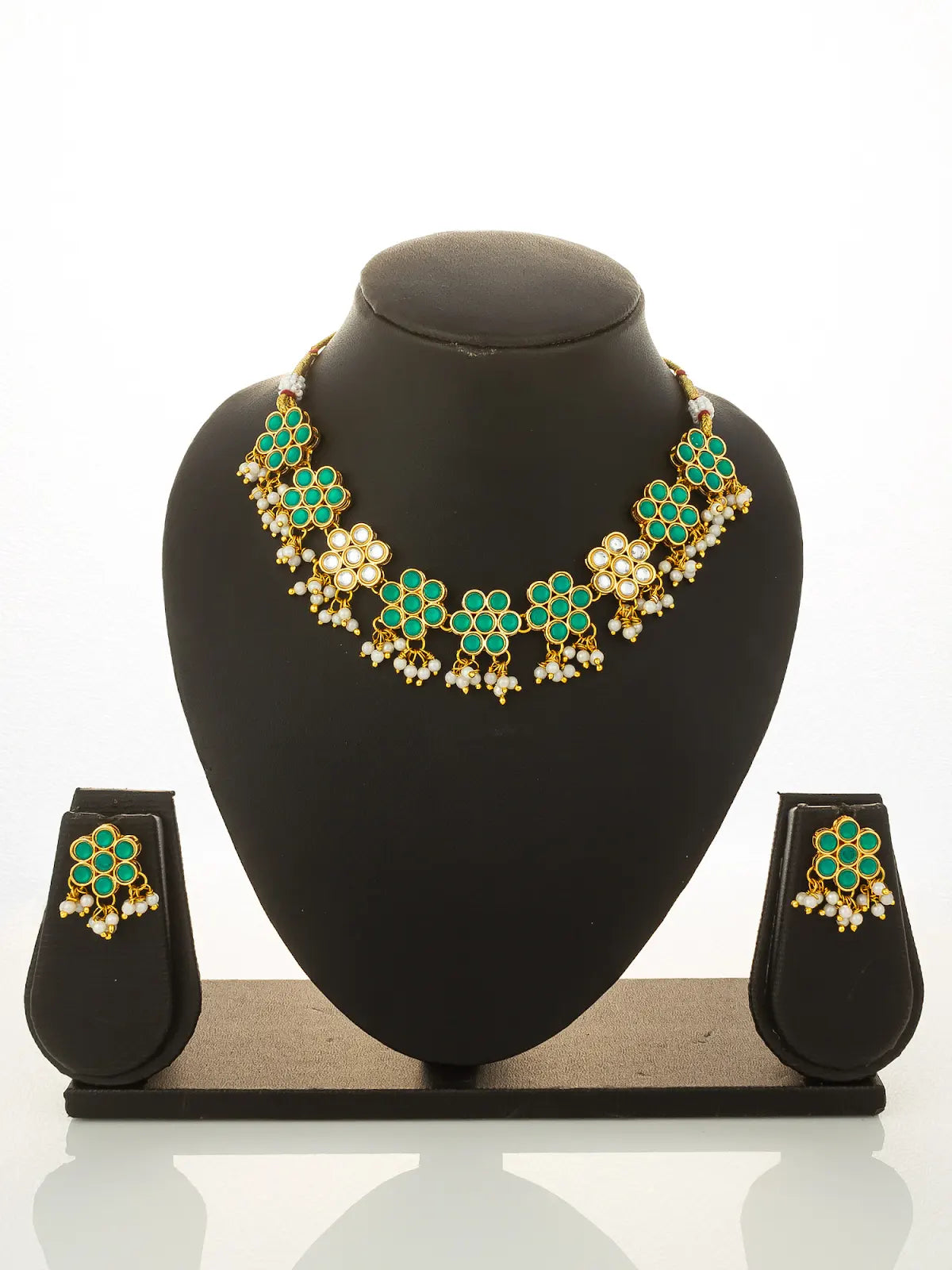 Aadita Gold Plated Green Floral Kundan Necklace Set with Pearls