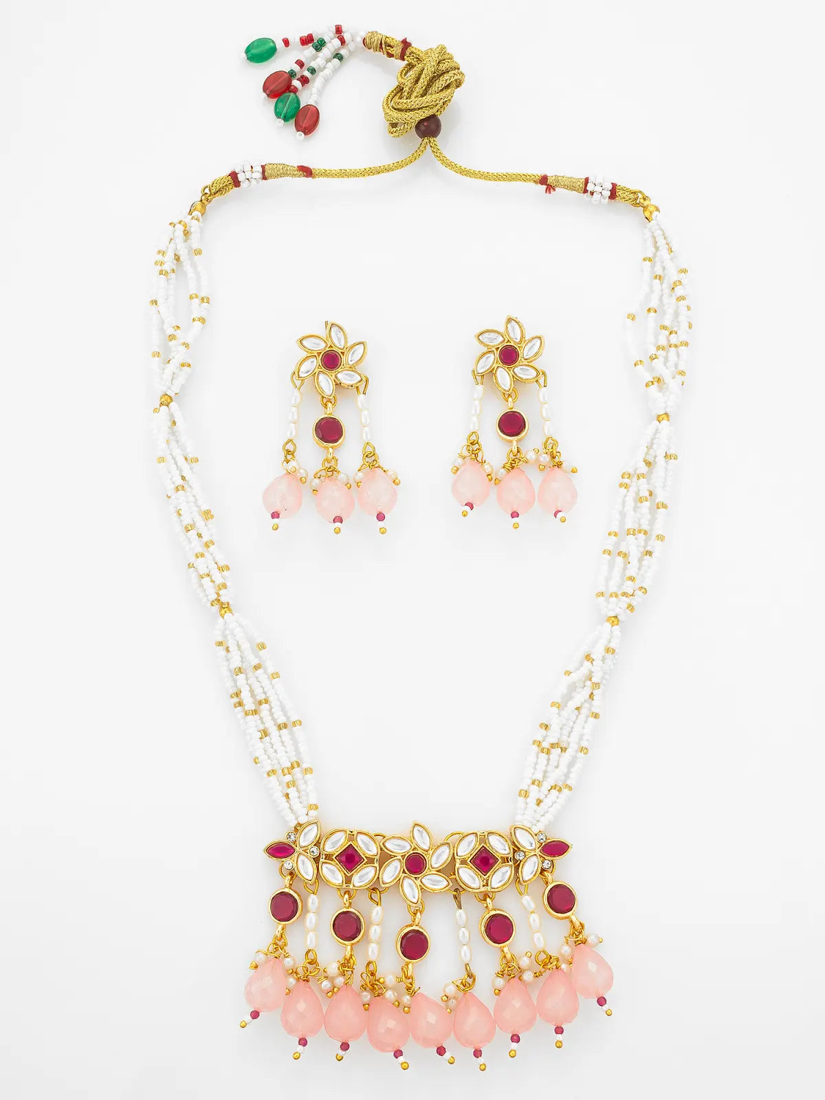 Aadita Gold Plated Multi Strand Pearl Necklace with Ruby Red Pendant