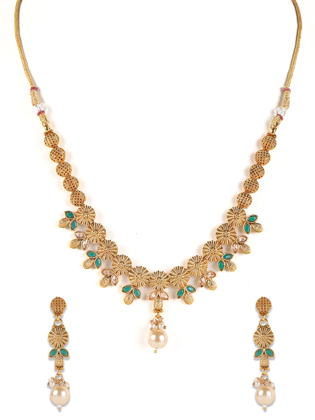 Gold-Plated & Green Stone Studded Handcrafted Jewellery Set