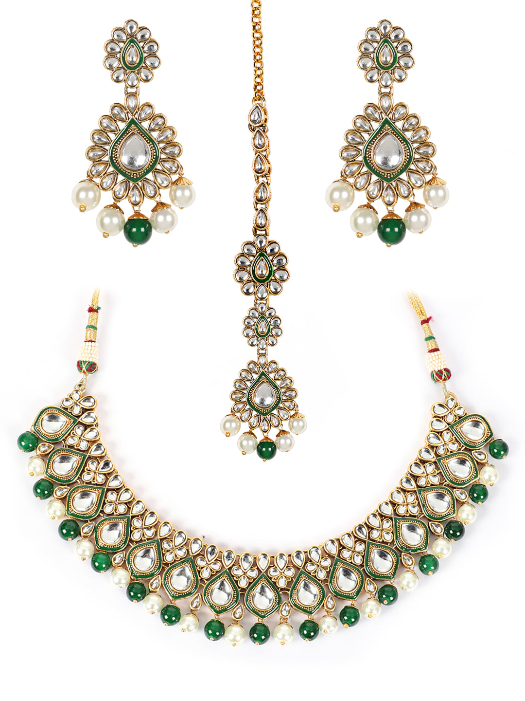 Gold-Plated Green & White Kundan-Studded Beaded Handcrafted Jewellery