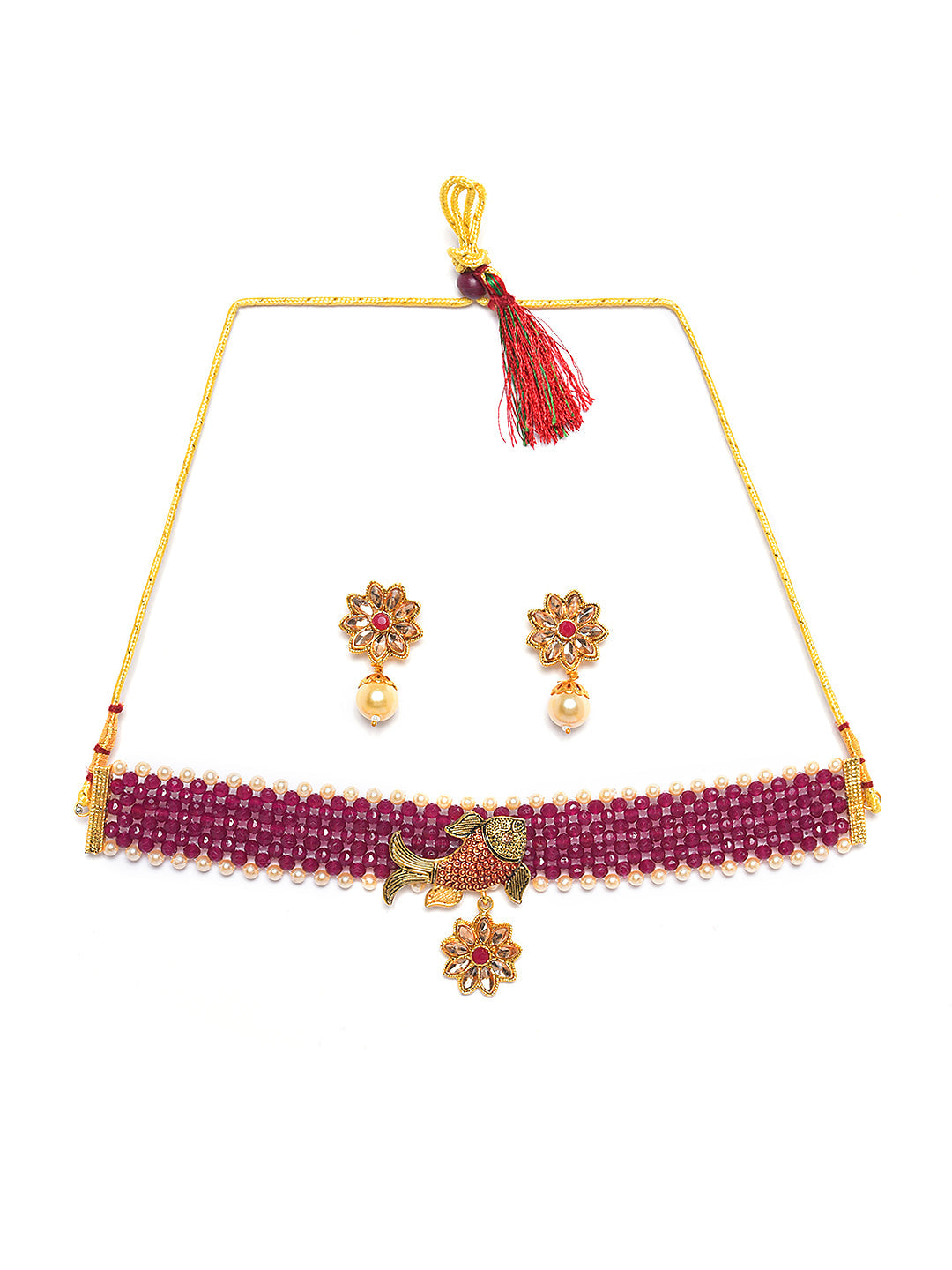Gold-Toned & Mahroon Fish Studded & Beaded Jewellery Set