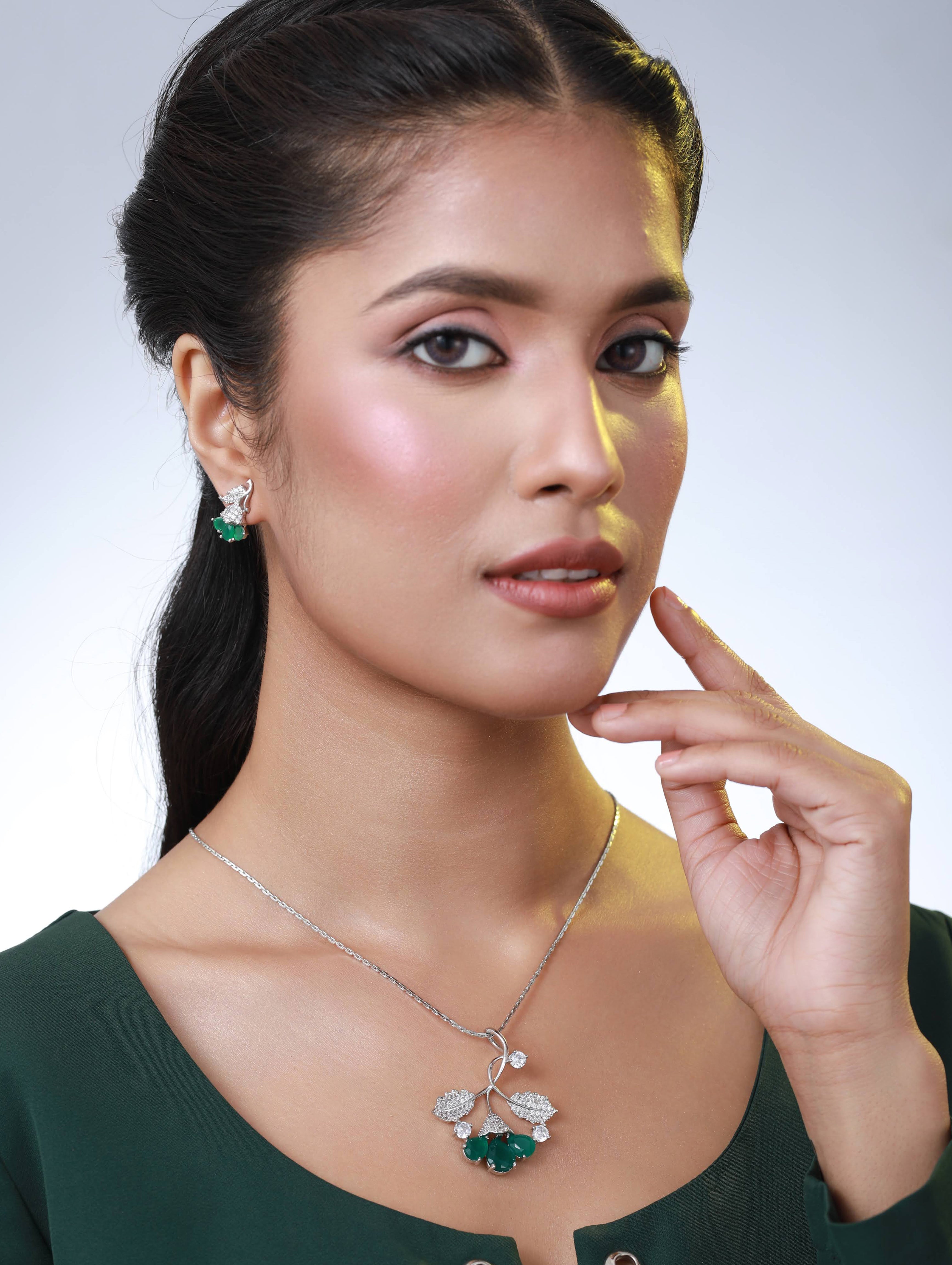 Green American Diamond Silver Plated Statement Pendant & Earring Set
