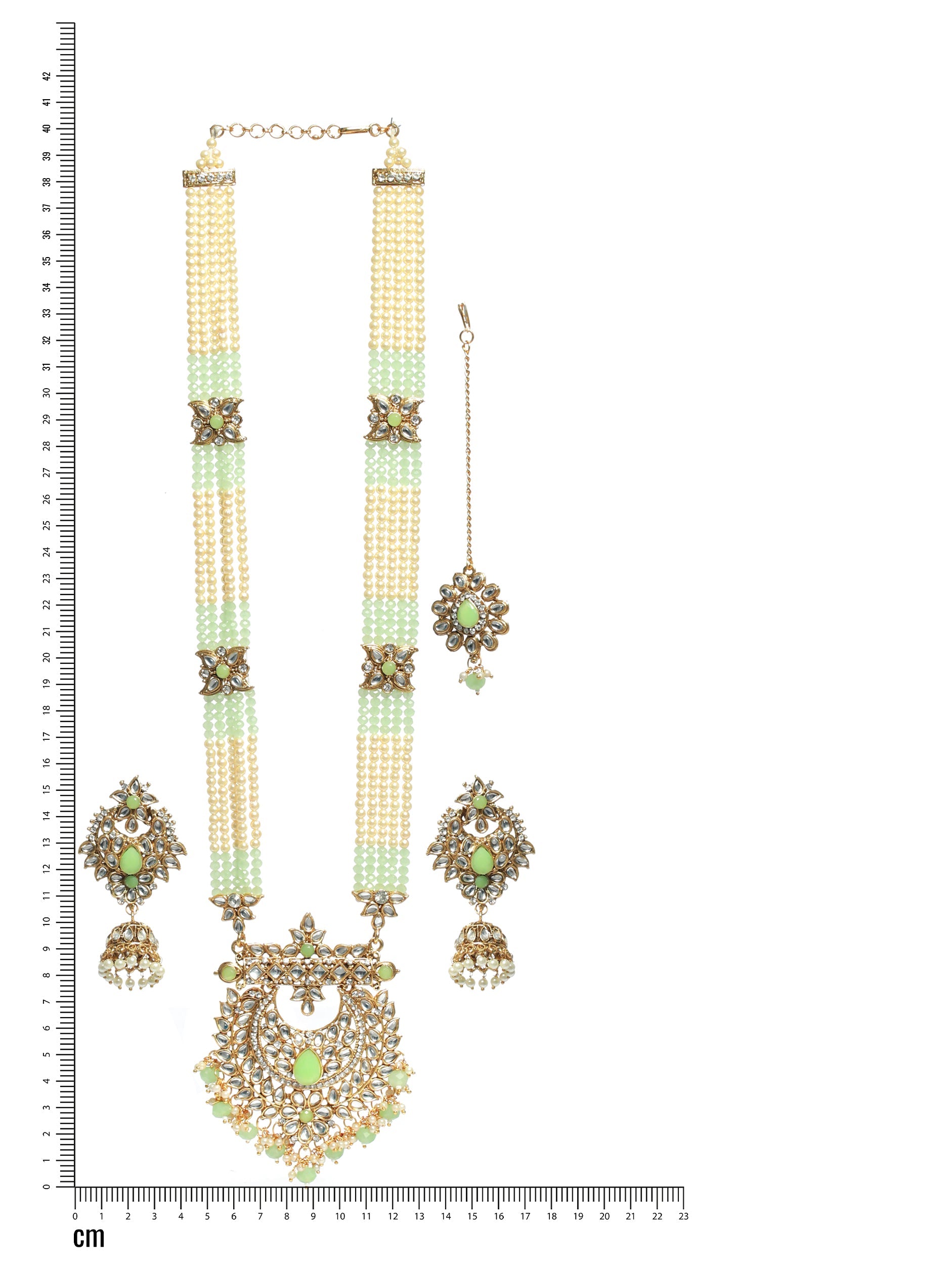 Mint Green Colored Gold-Plated Kundan-Studded & Beaded Handcrafted Jewellery Set