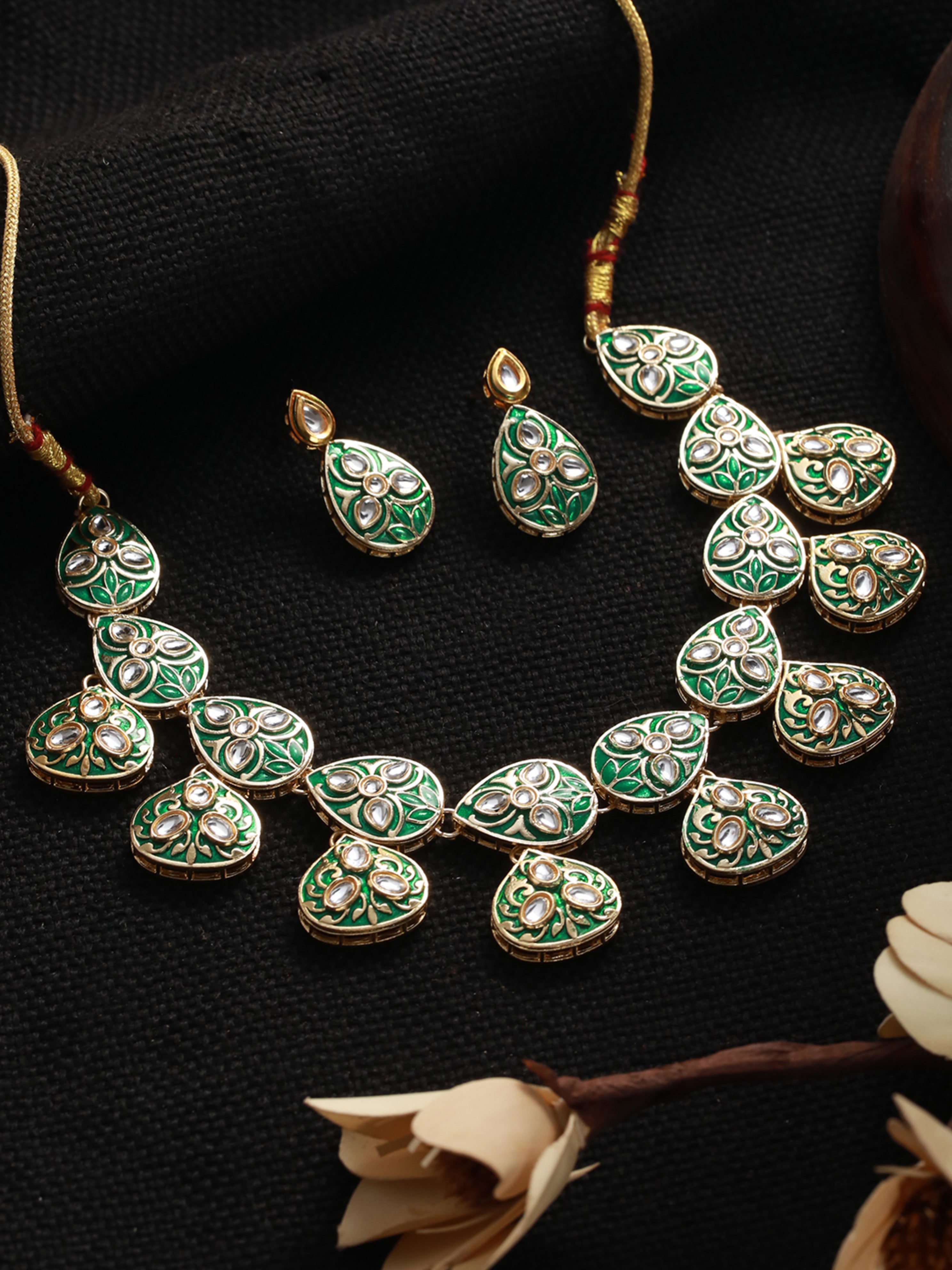 Green & Gold-Plated Enamelledand Kundan Studded Handcrafted Jewellery Set