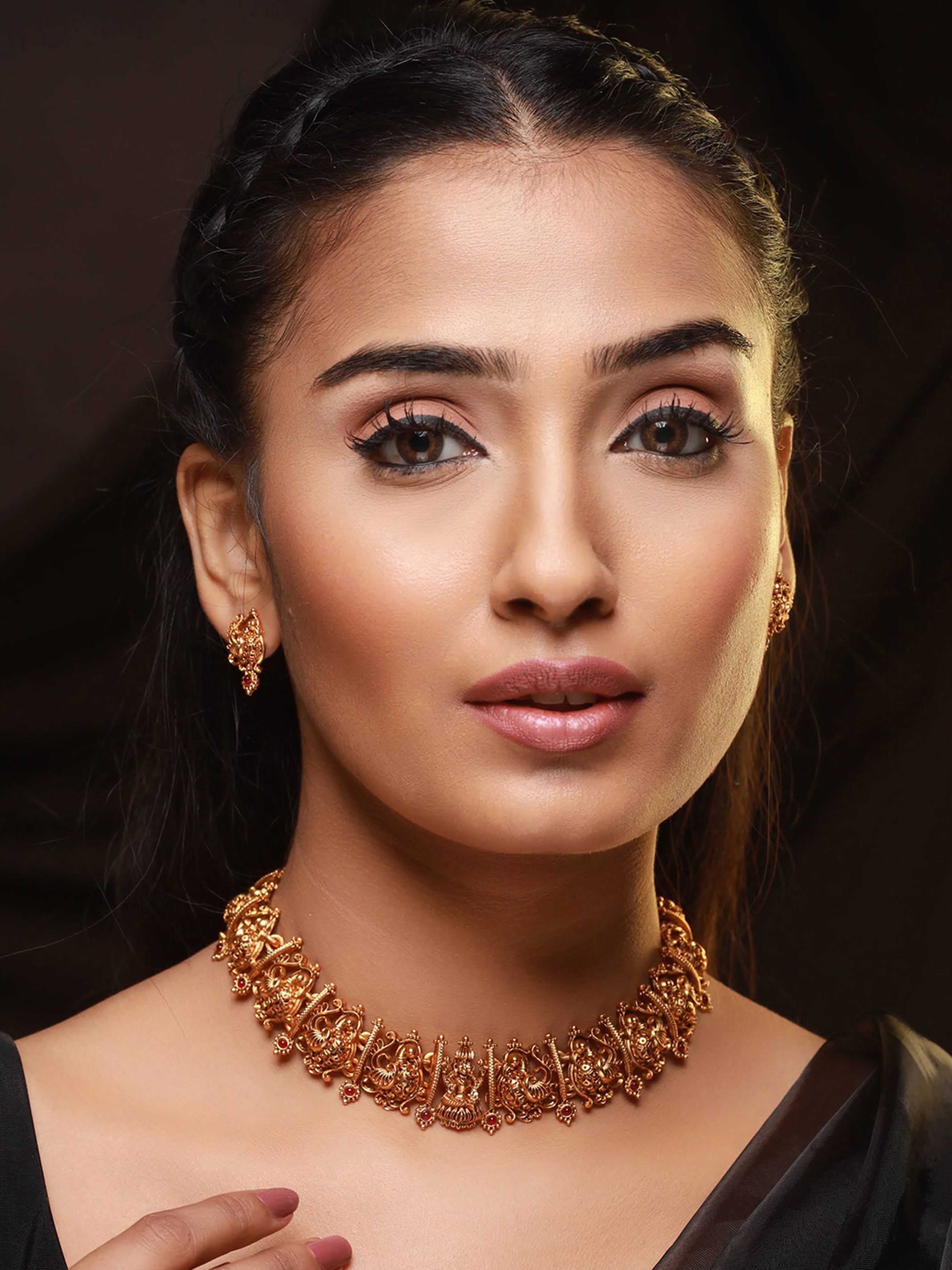Gold-Plated Red Stone-Studded Temple Choker Jewellery Set