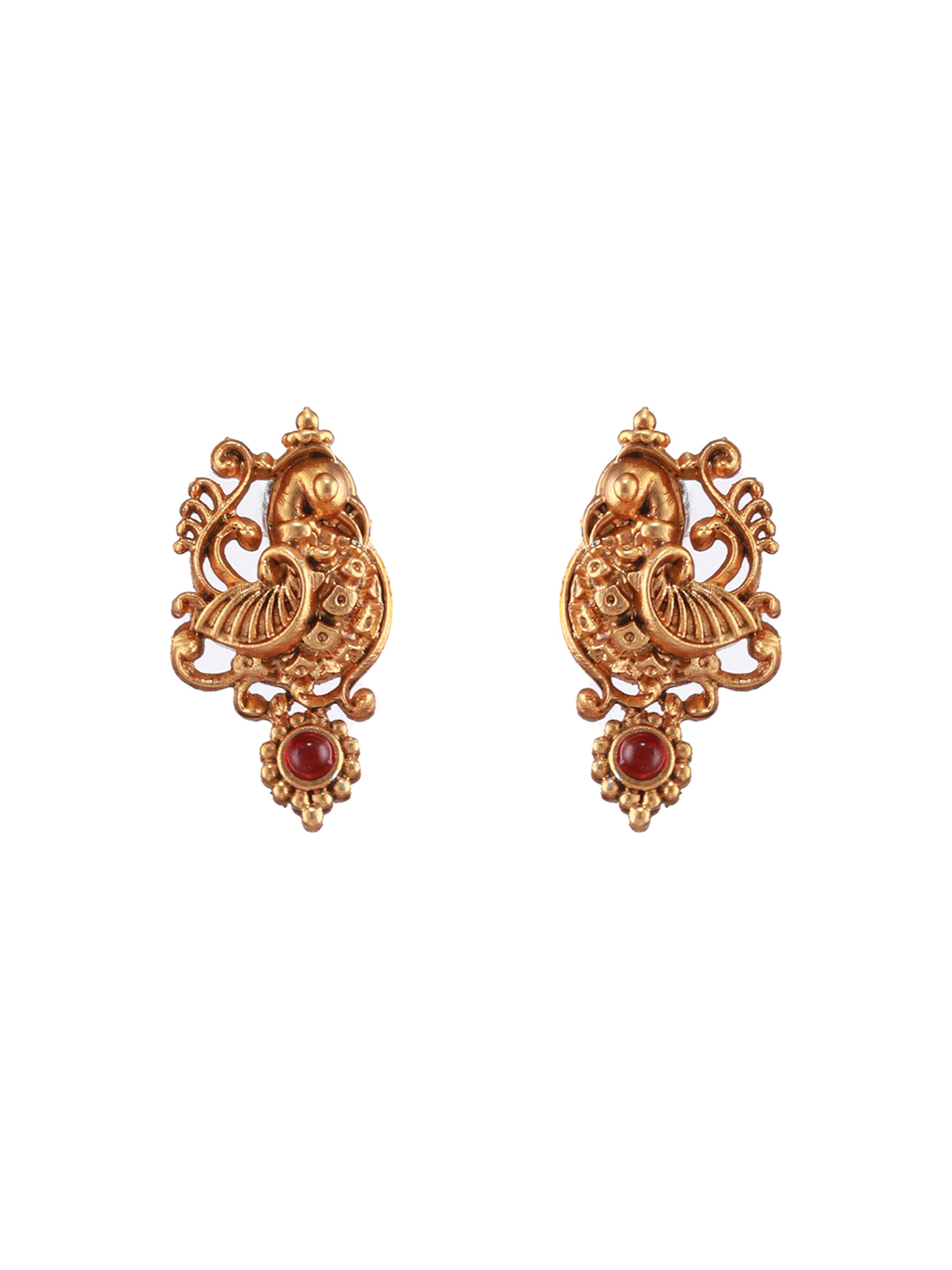 Gold-Plated Red Stone-Studded Temple Choker Jewellery Set