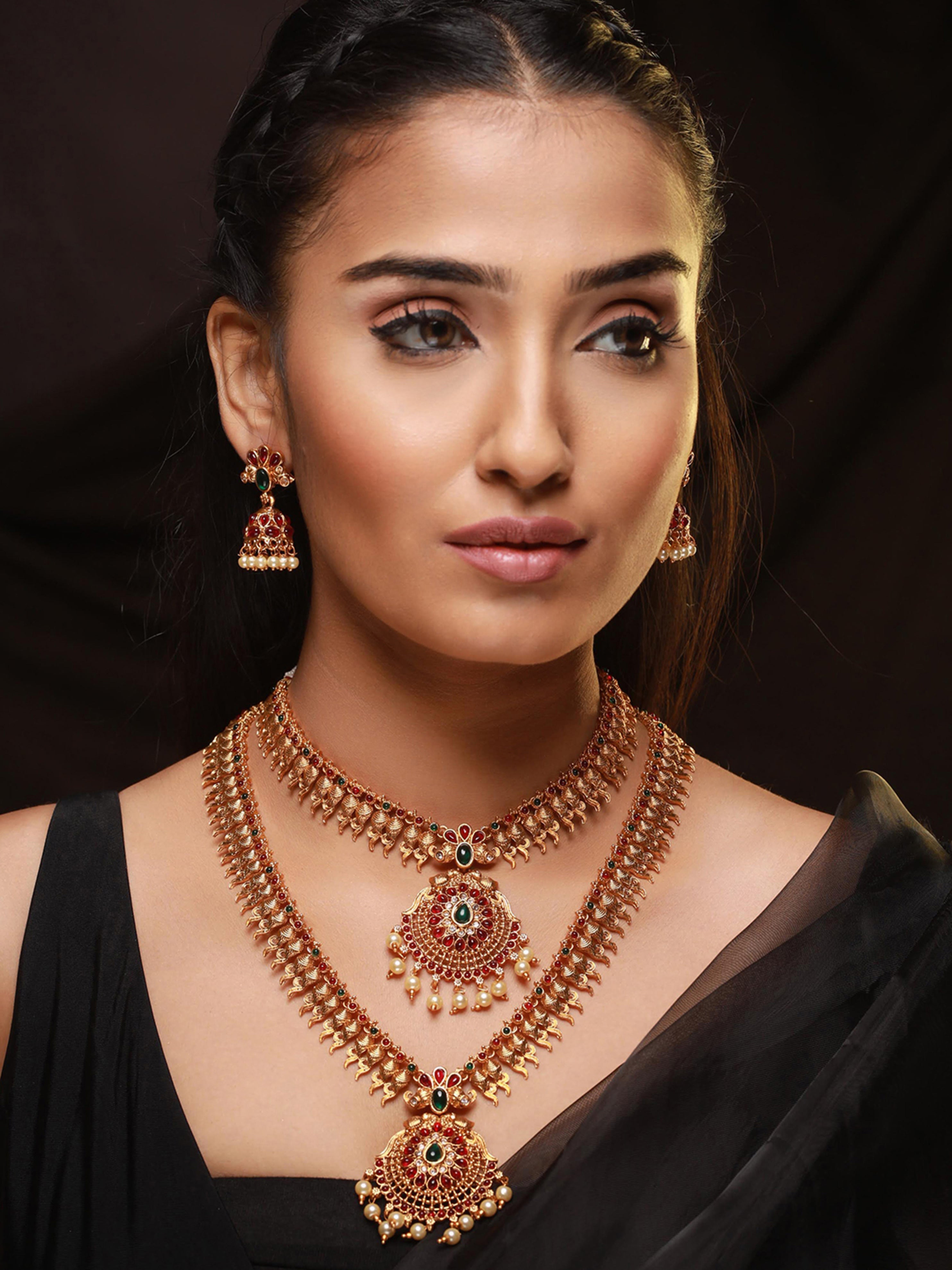 Set Of 2 Green & Red Stone Studded & Beaded Gold-Plated Temple Choker Jewellery Set
