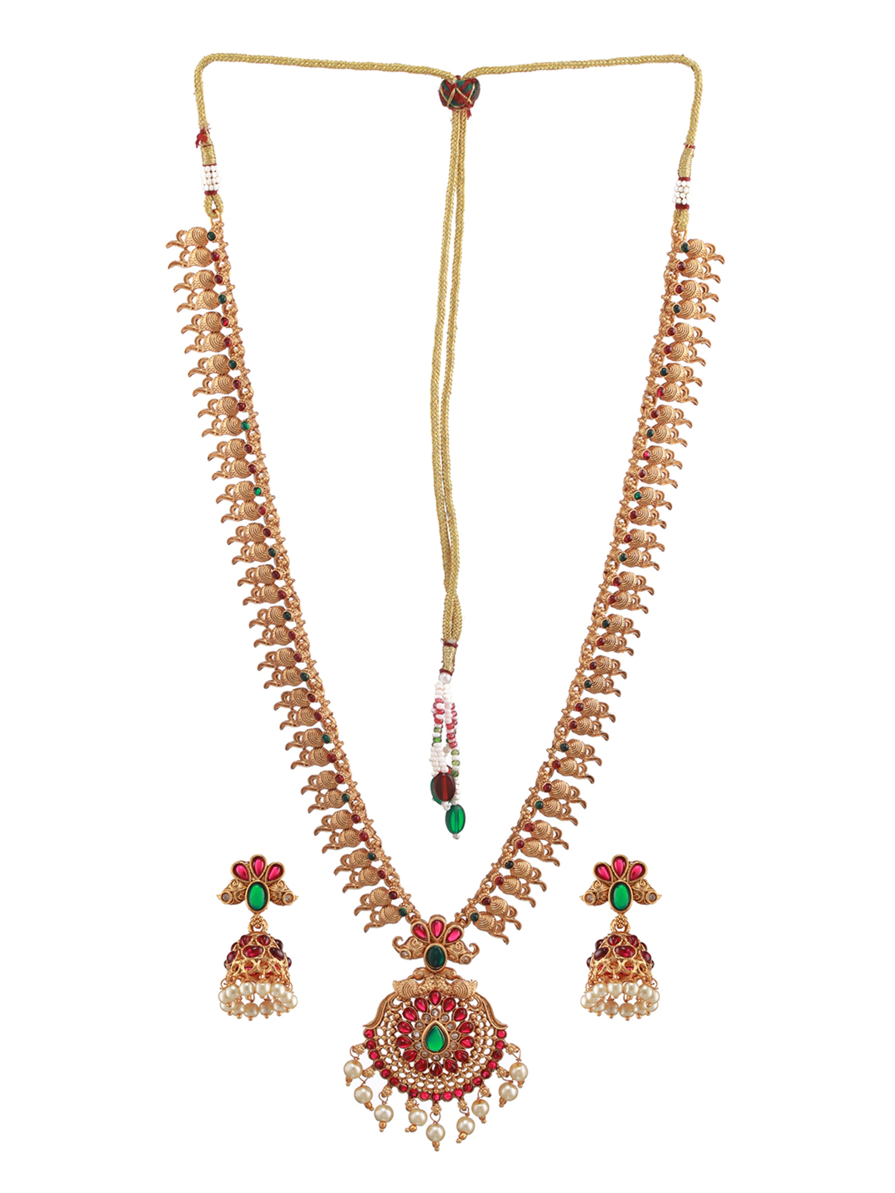 Set Of 2 Green & Red Stone Studded & Beaded Gold-Plated Temple Choker Jewellery Set