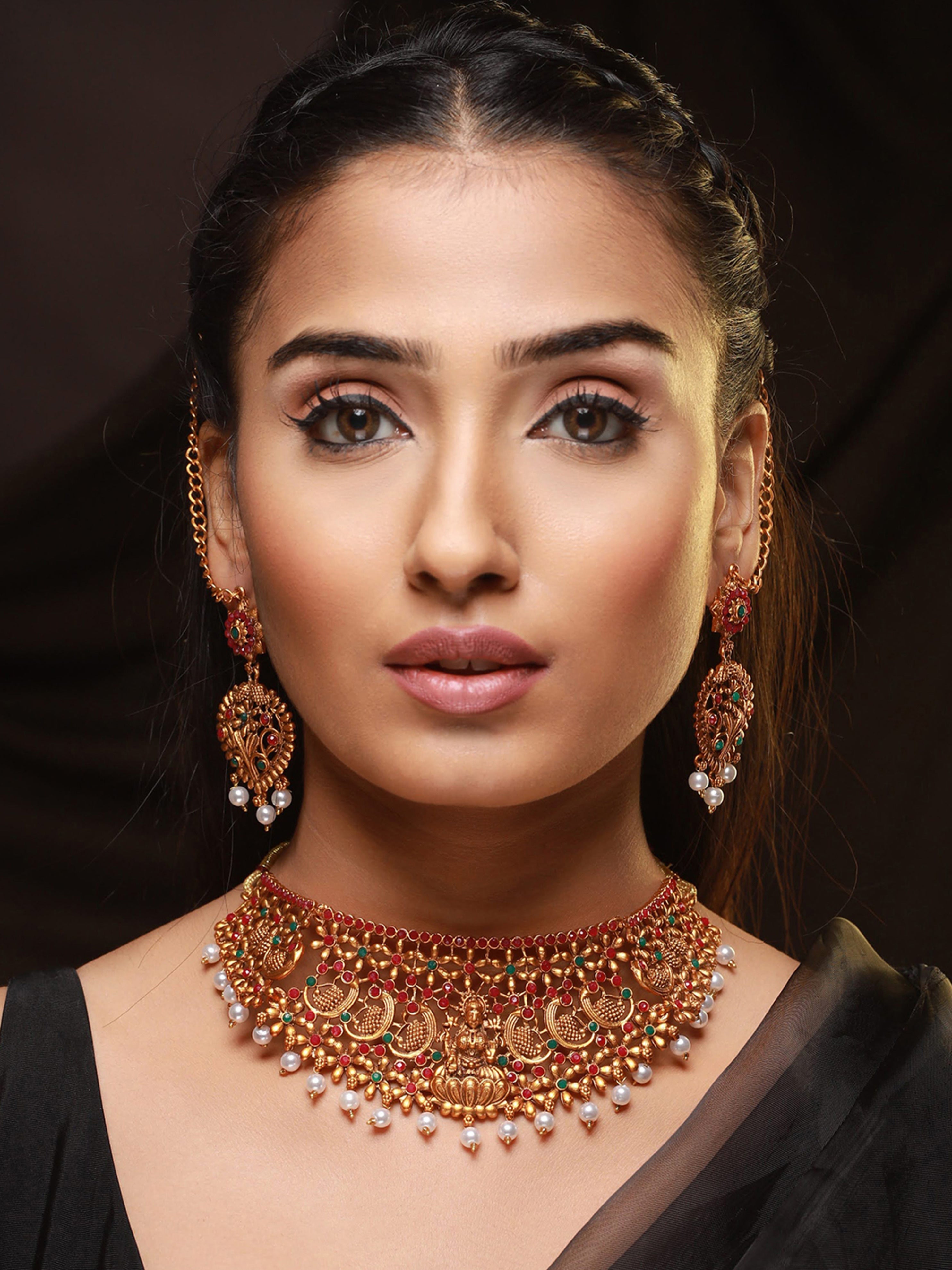 Gold-Plated Red & Green Stone-Studded Temple Choker Set