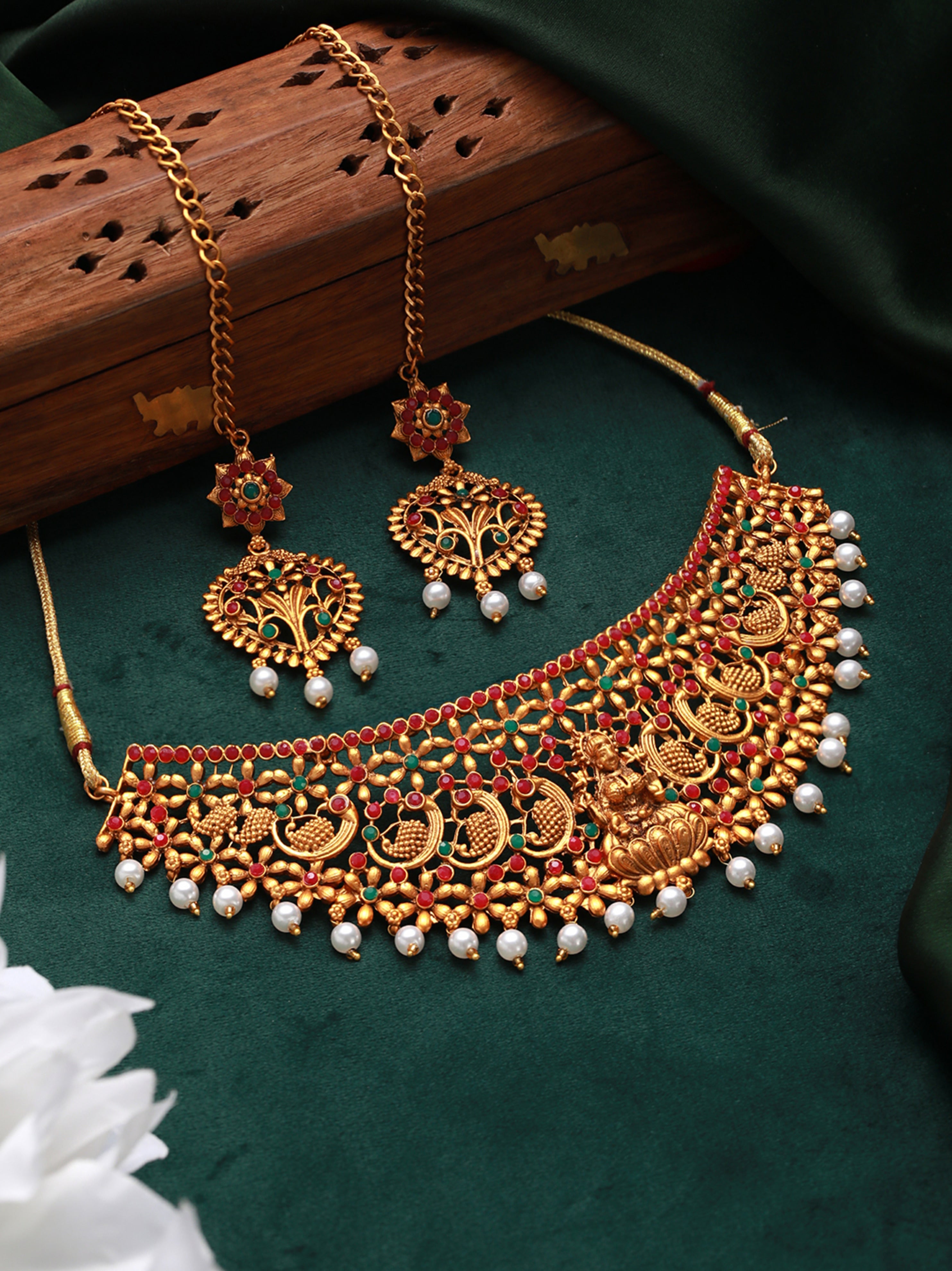 Gold-Plated Red & Green Stone-Studded Temple Choker Set