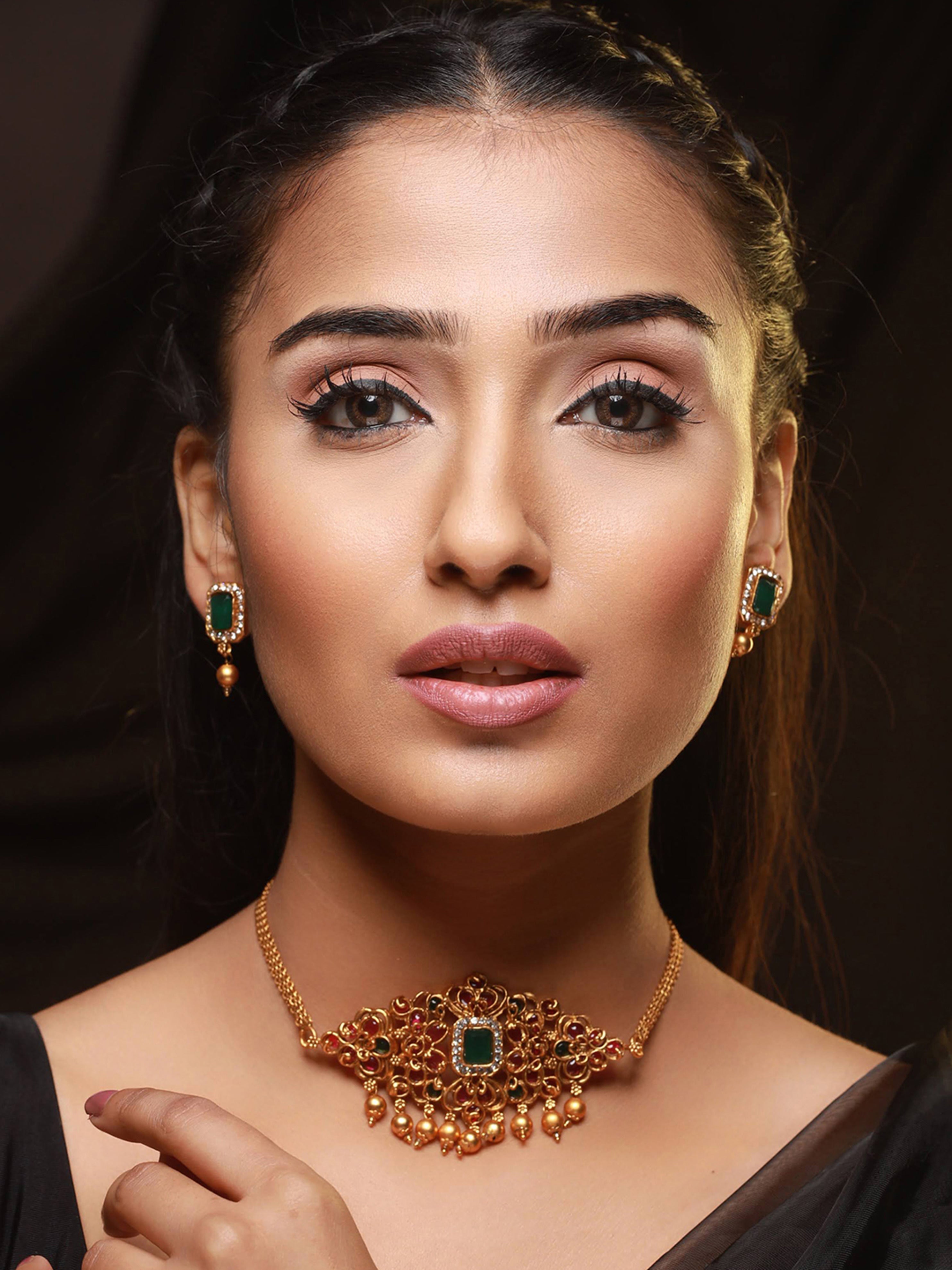 Gold-Plated Pink & Green Stone-Studded Handcrafted Temple Choker Set