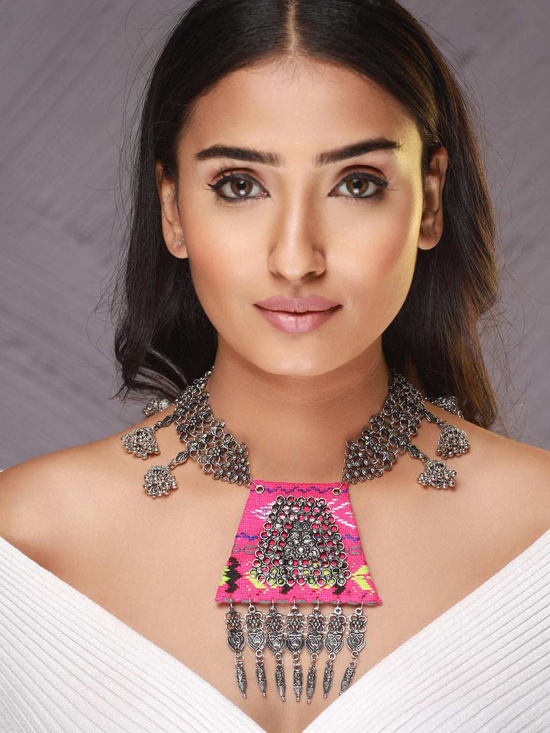 Oxidised Silver-Plated Pink Handcrafted Necklace