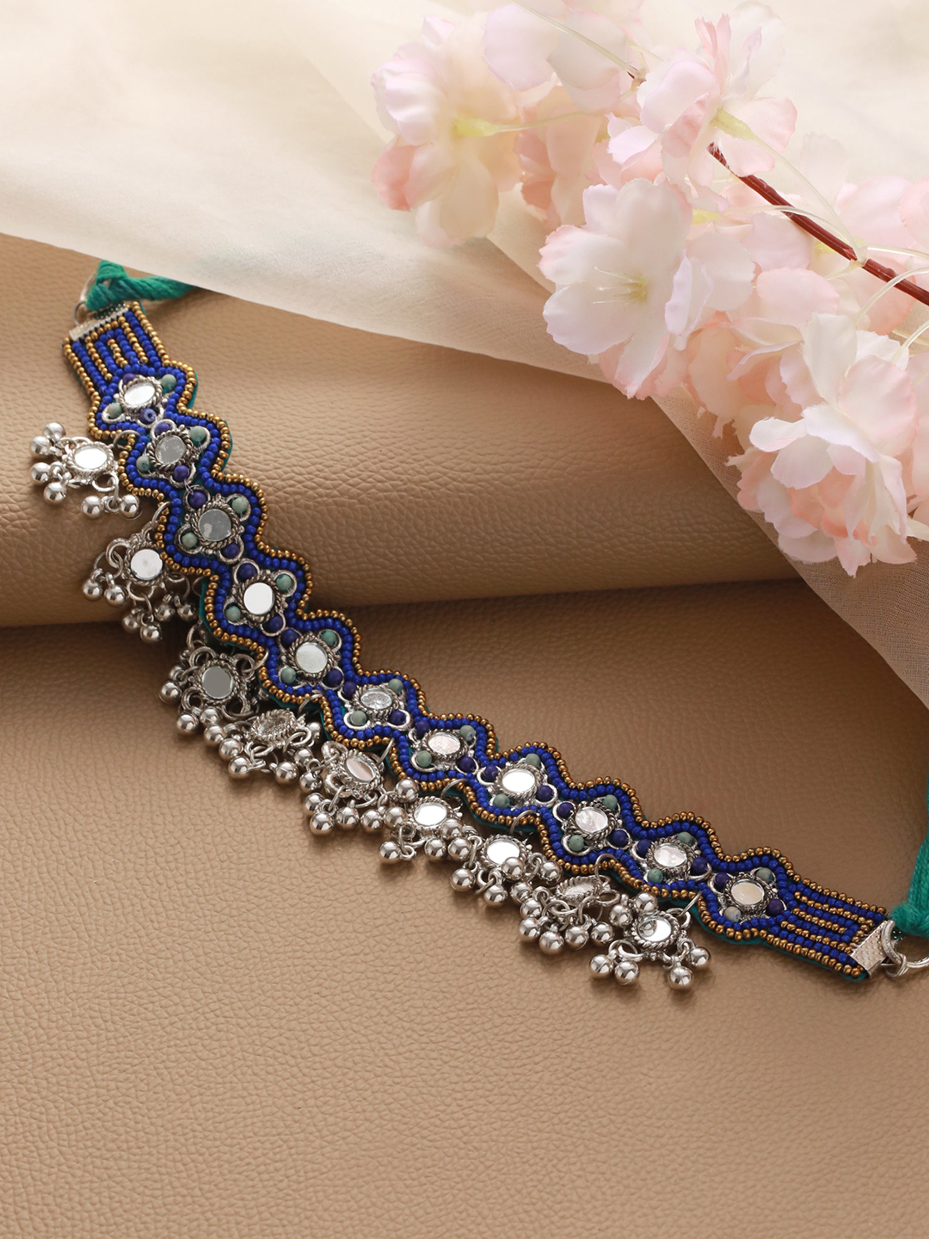 Blue & Silver-Toned Mirror Work Beaded Choker Necklace