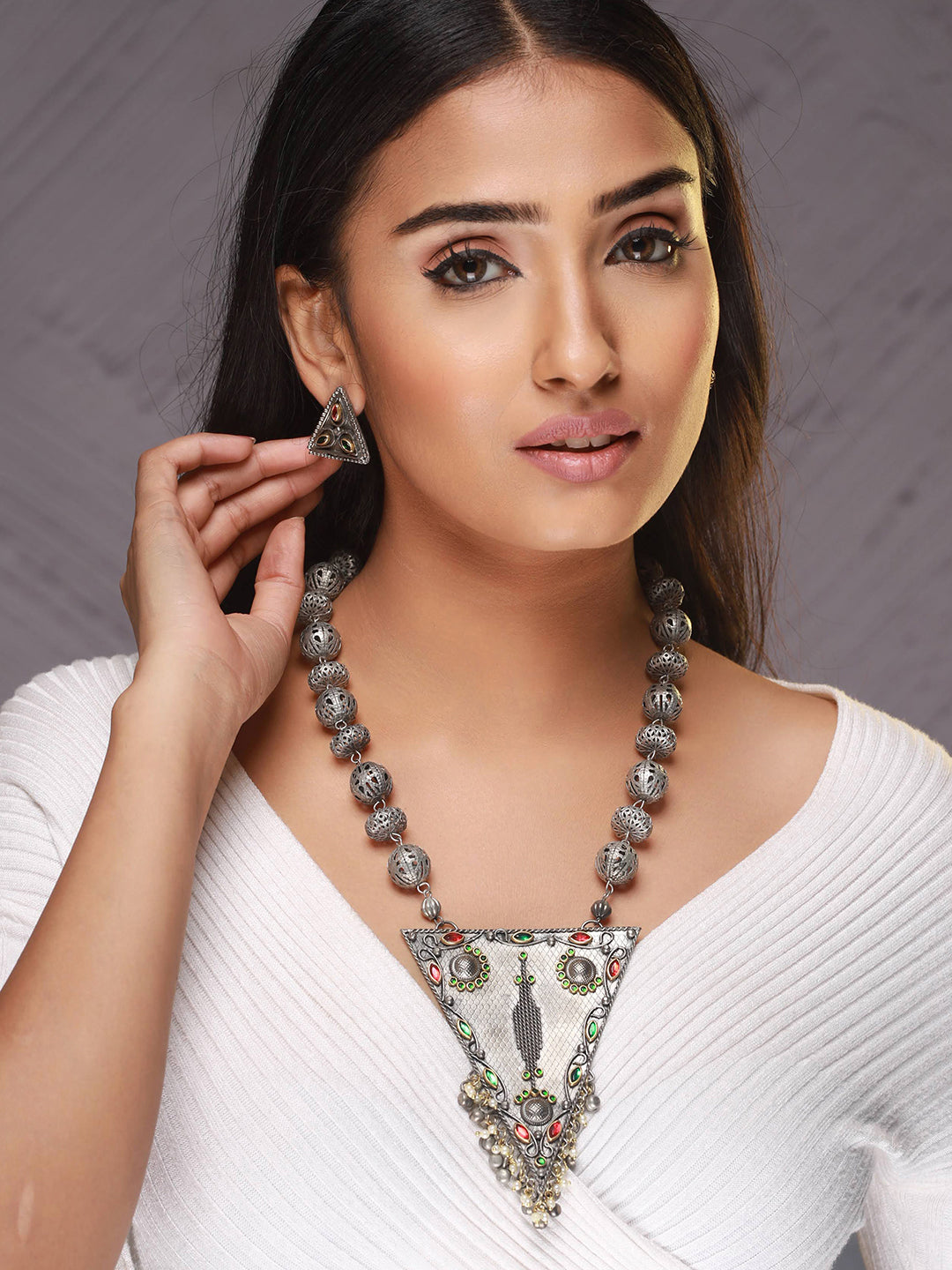 Oxidised Silver-Plated & Kundan Studded & Ghungroo Beads Handcrafted Jewellery Set
