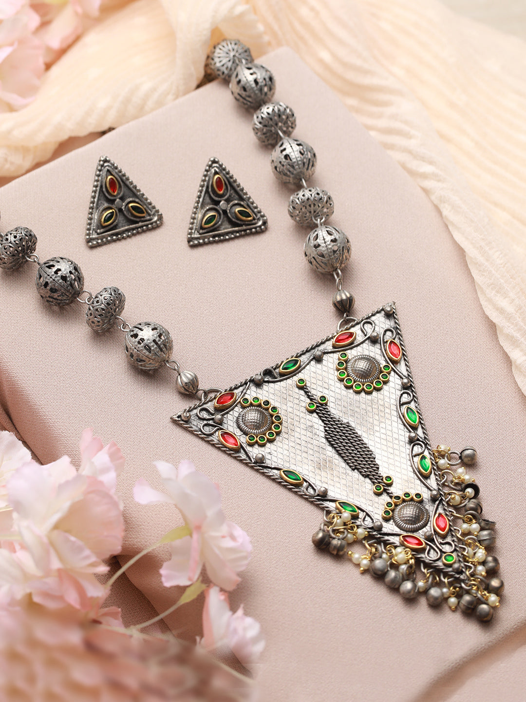 Oxidised Silver-Plated & Kundan Studded & Ghungroo Beads Handcrafted Jewellery Set