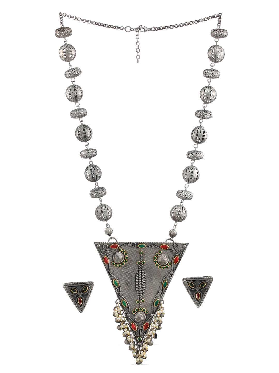 Oxidised Silver-Plated & Kundan Studded & Ghungroo Beads Handcrafted Jewellery Set