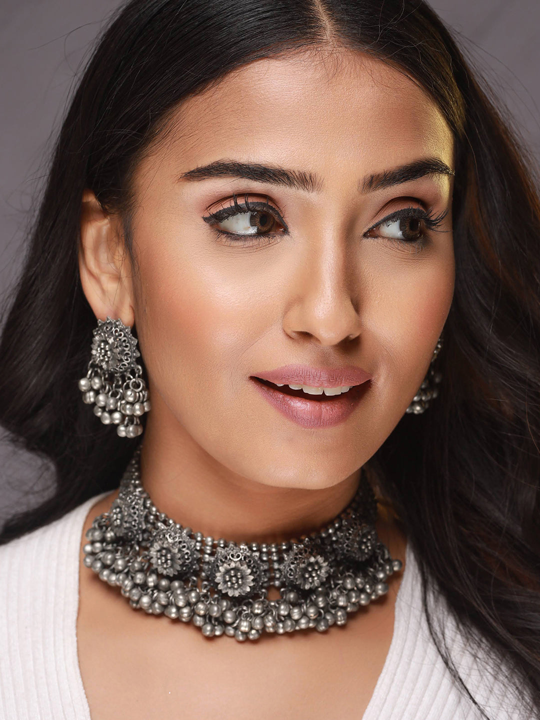 Silver Plated Flower Motif Oxidised Necklace