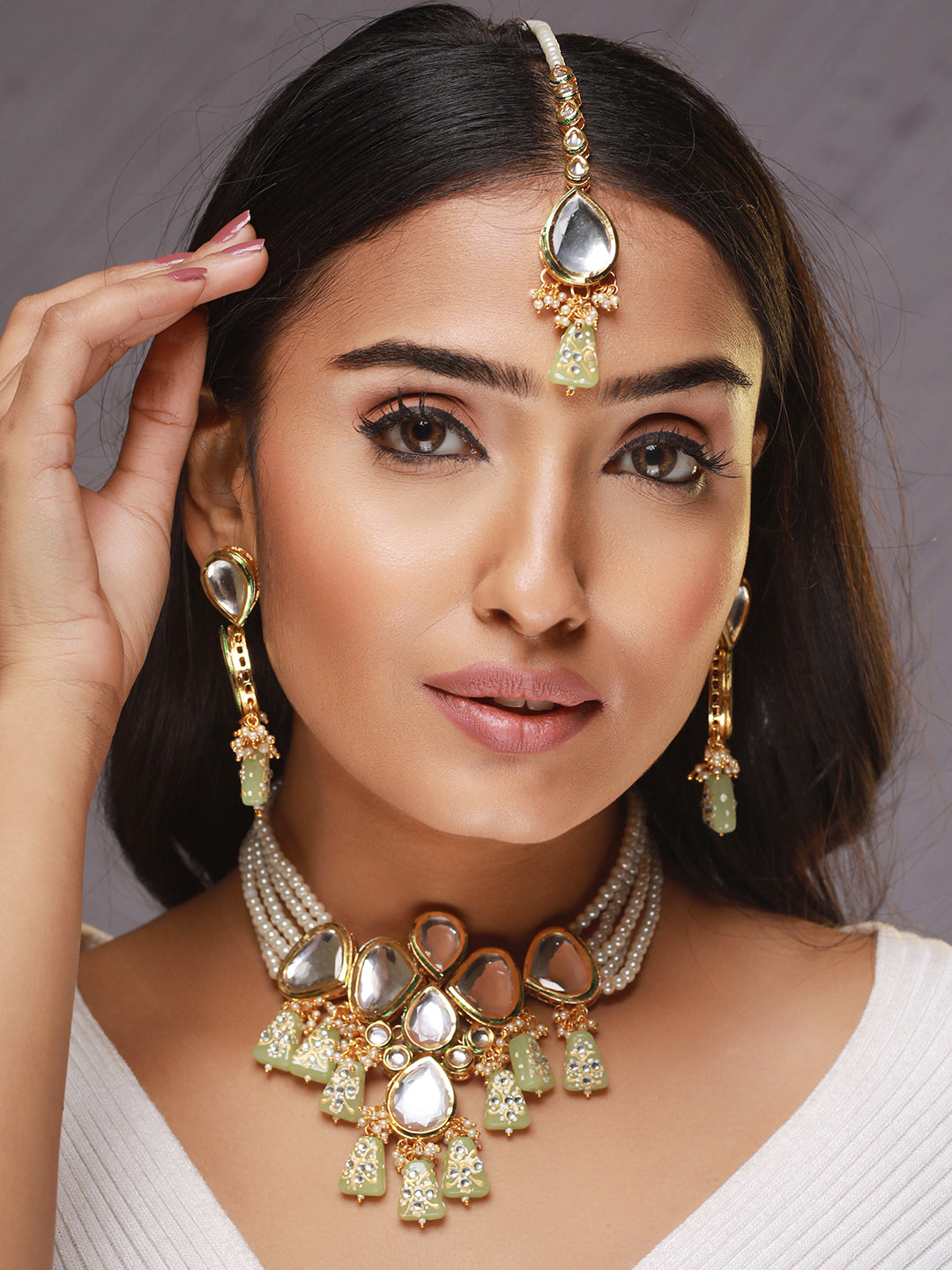 Gold-Plated White & Green Stone-Studded & Pearl Beaded Choker Jewellery Set With Maangtika