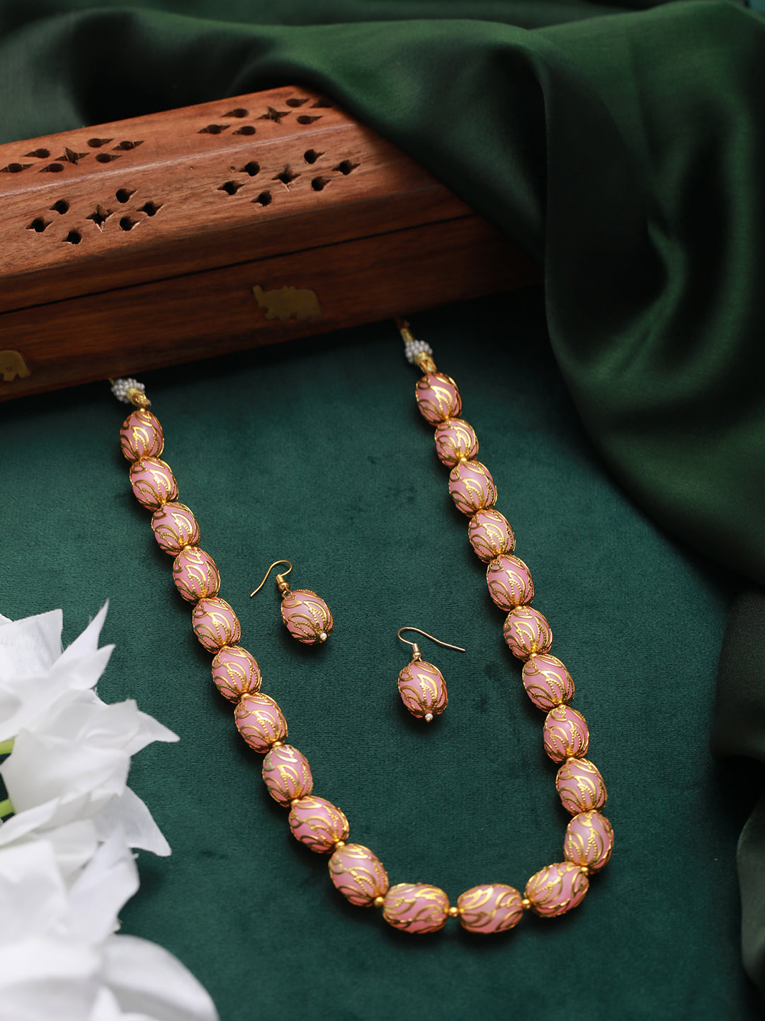 Gold- Plated Pink & Gold Beads Handcrafted Mala With Earrings