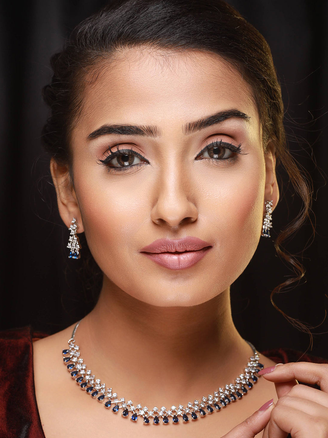 Silver-Plated Blue American Diamond Studded Jewellery Set