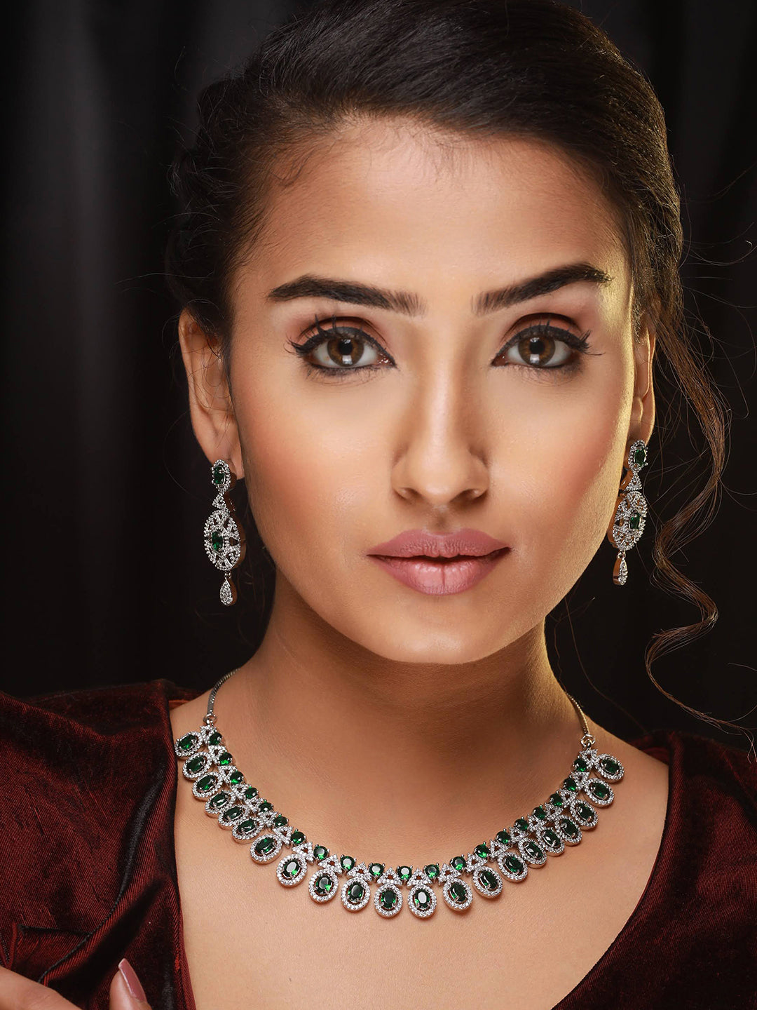 Silver-Plated Green & American Diamond Studded Jewellery Set