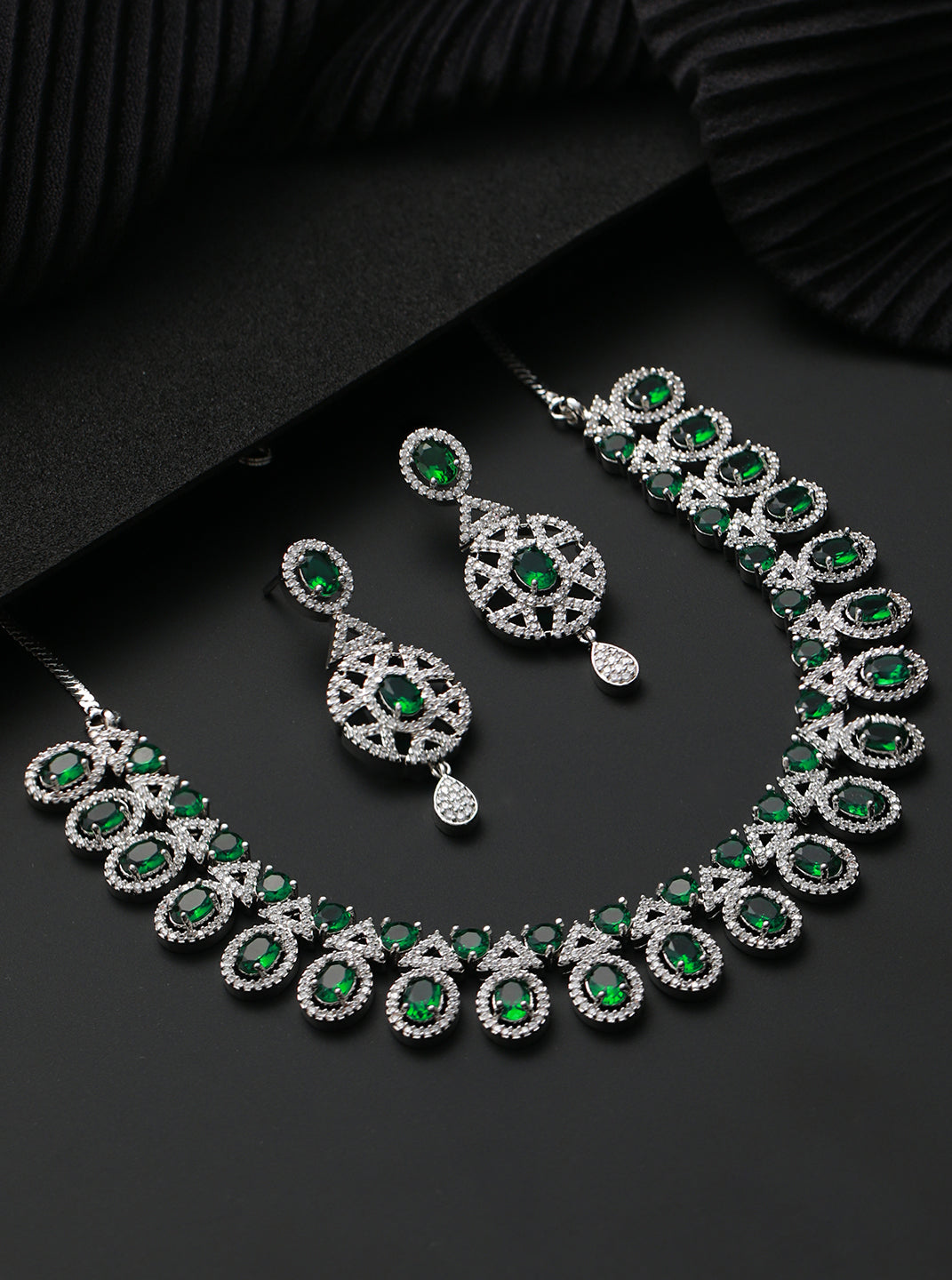 Silver-Plated Green & American Diamond Studded Jewellery Set