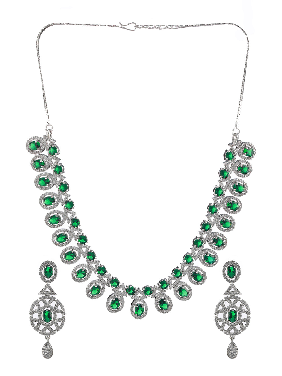 Silver-Plated Green & American Diamond Studded Jewellery Set