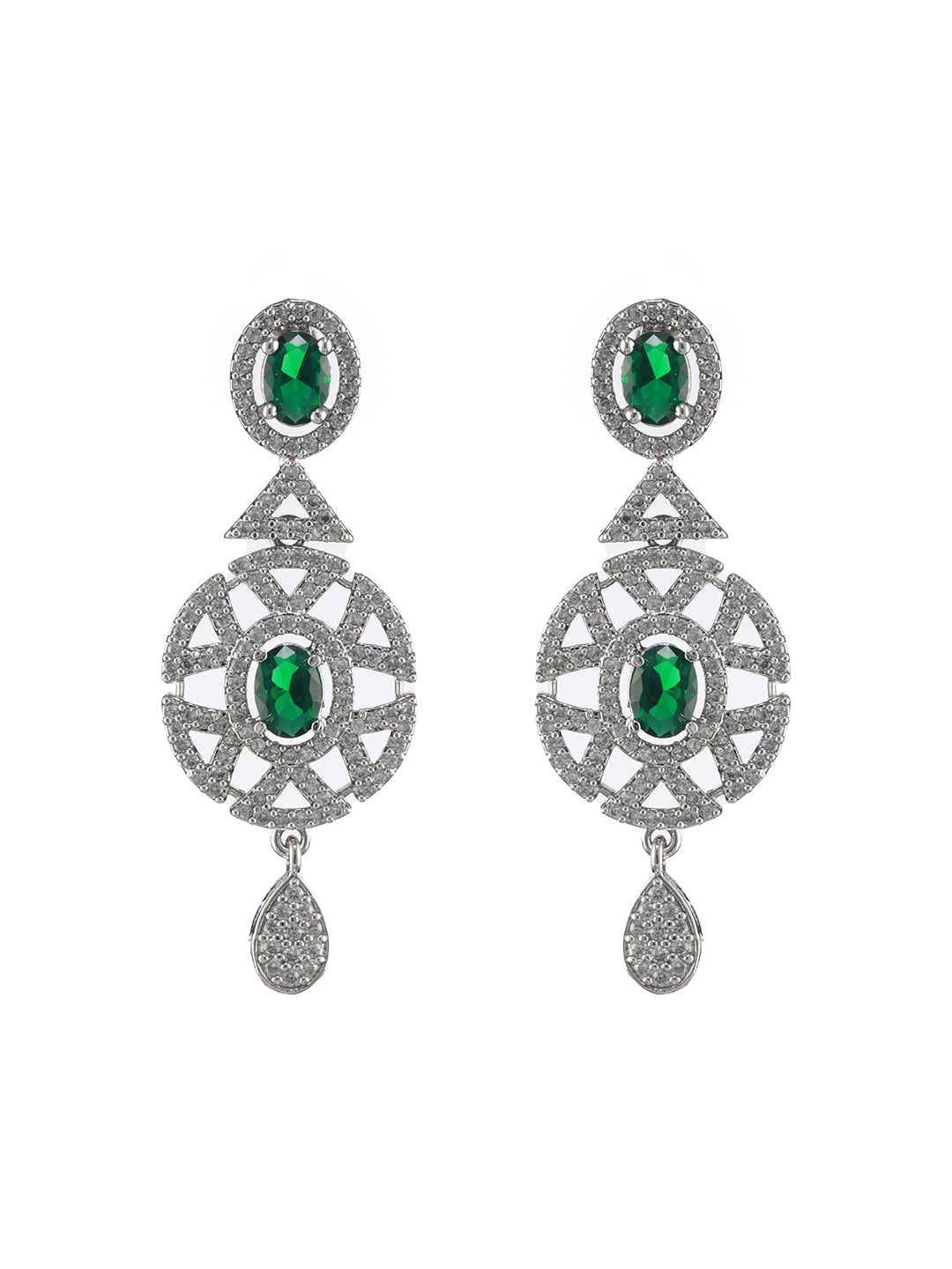Silver-Plated Green & American Diamond Studded Jewellery Set
