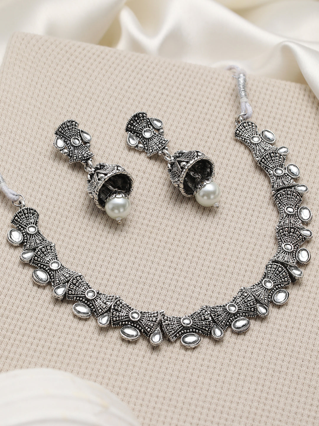 Silver-Toned White Stone-Studded & Beaded Oxidised Jewellery Set