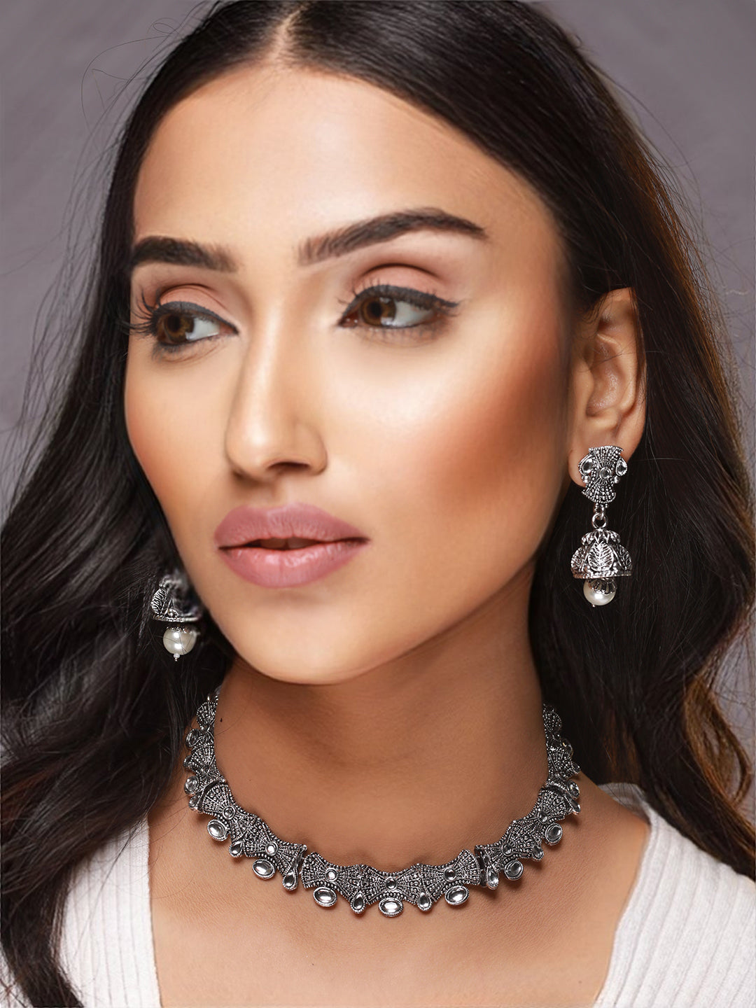Silver-Toned White Stone-Studded & Beaded Oxidised Jewellery Set