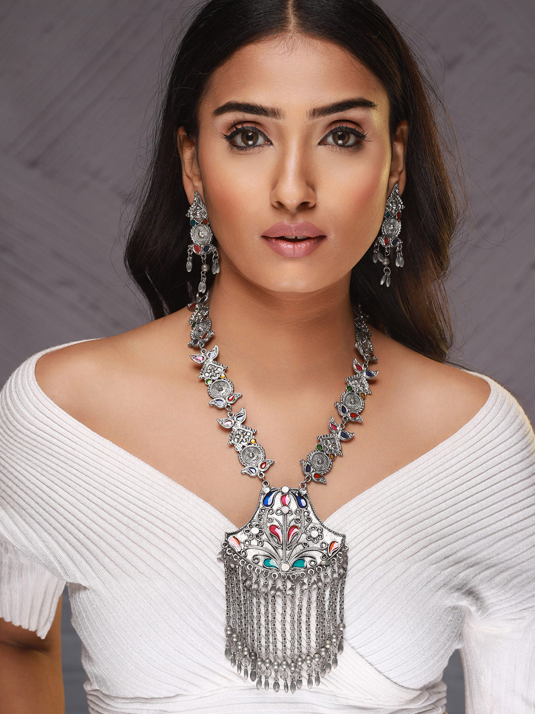 Oxidised Silver-Plated Meenakari & Ghungroo Beads Studded Handcrafted Jewellery Set