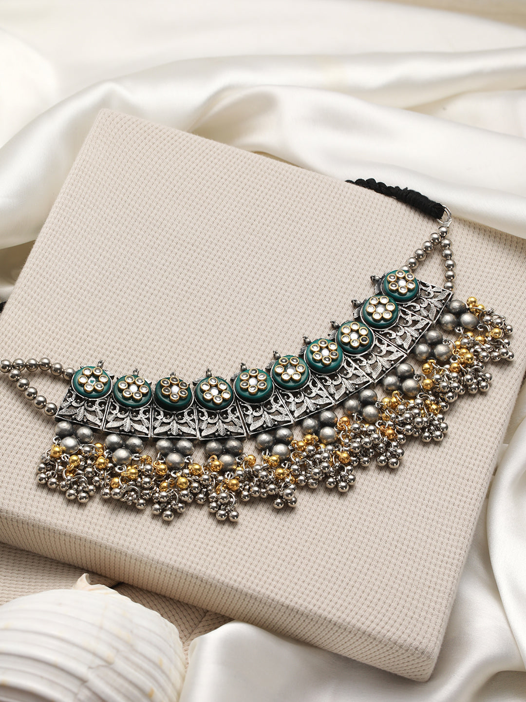 Silver-Plated & Gold-Toned Oxidised Beaded & Kundan Studded Choker Necklace