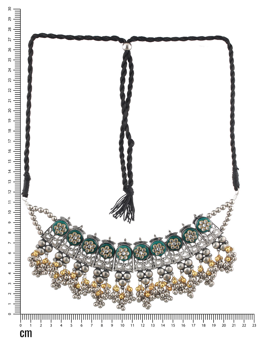 Silver-Plated & Gold-Toned Oxidised Beaded & Kundan Studded Choker Necklace
