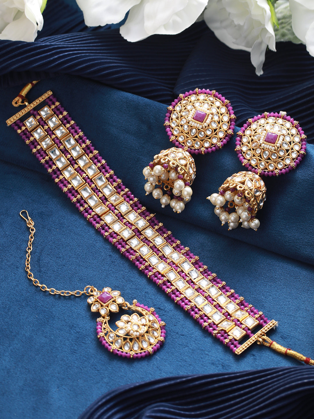 Gold-Plated Wine Kundan Studded & Pearl Beaded Choker Jewellery Set With Maangtikka