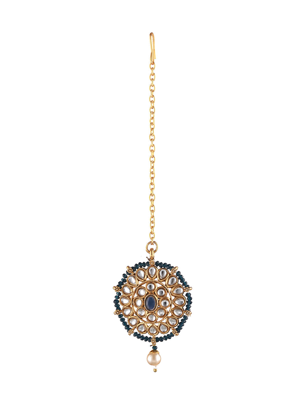 Gold-Plated Blue& White Kundan Studded & Beaded Choker Jewellery Set With Maangtikka